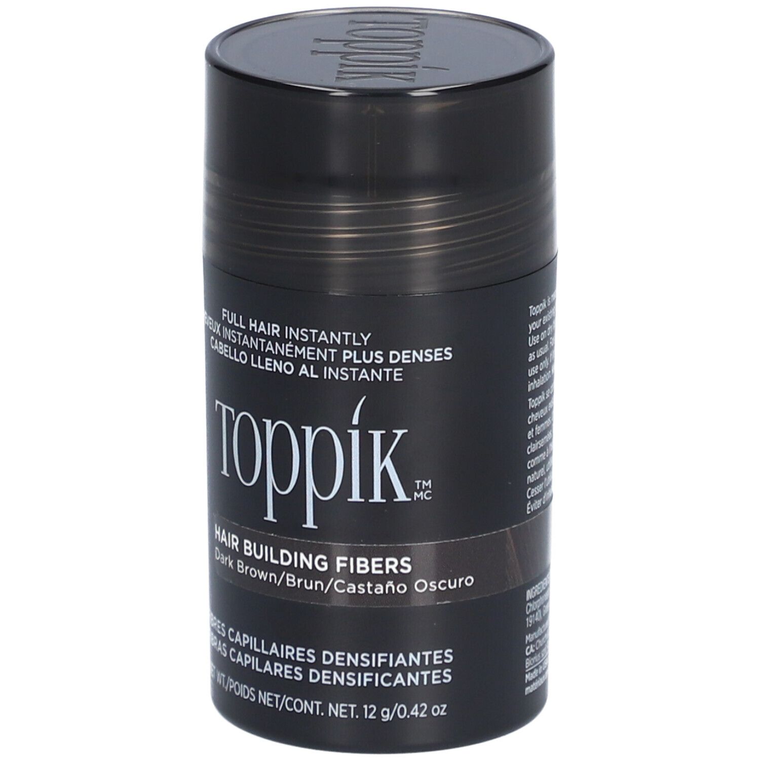 Flacon de fibres capillaires Toppik brun foncé. Texte: Hair Building Fibers, Dark Brown. 12g/0.42 oz.