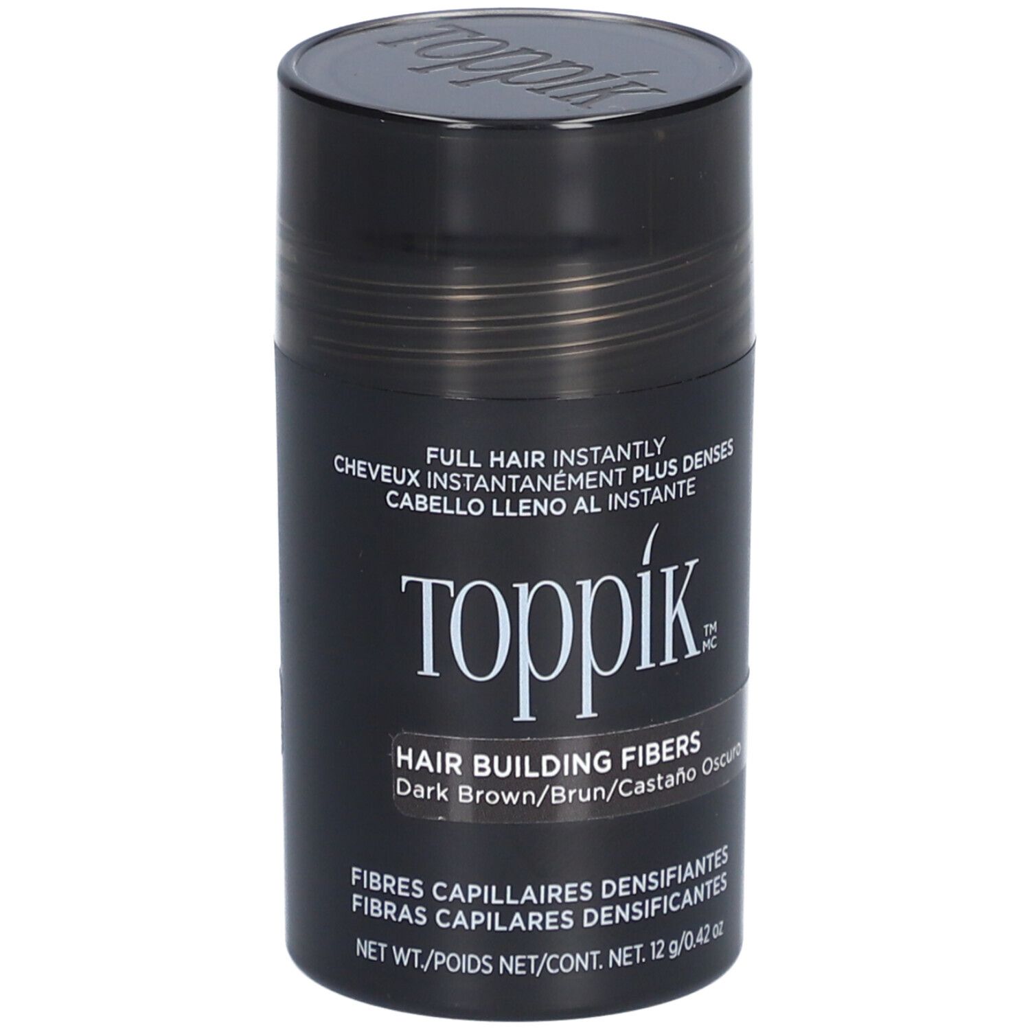 Flacon de fibres capillaires Toppik brun foncé. Texte: Hair Building Fibers, Dark Brown. 12g/0.42 oz.