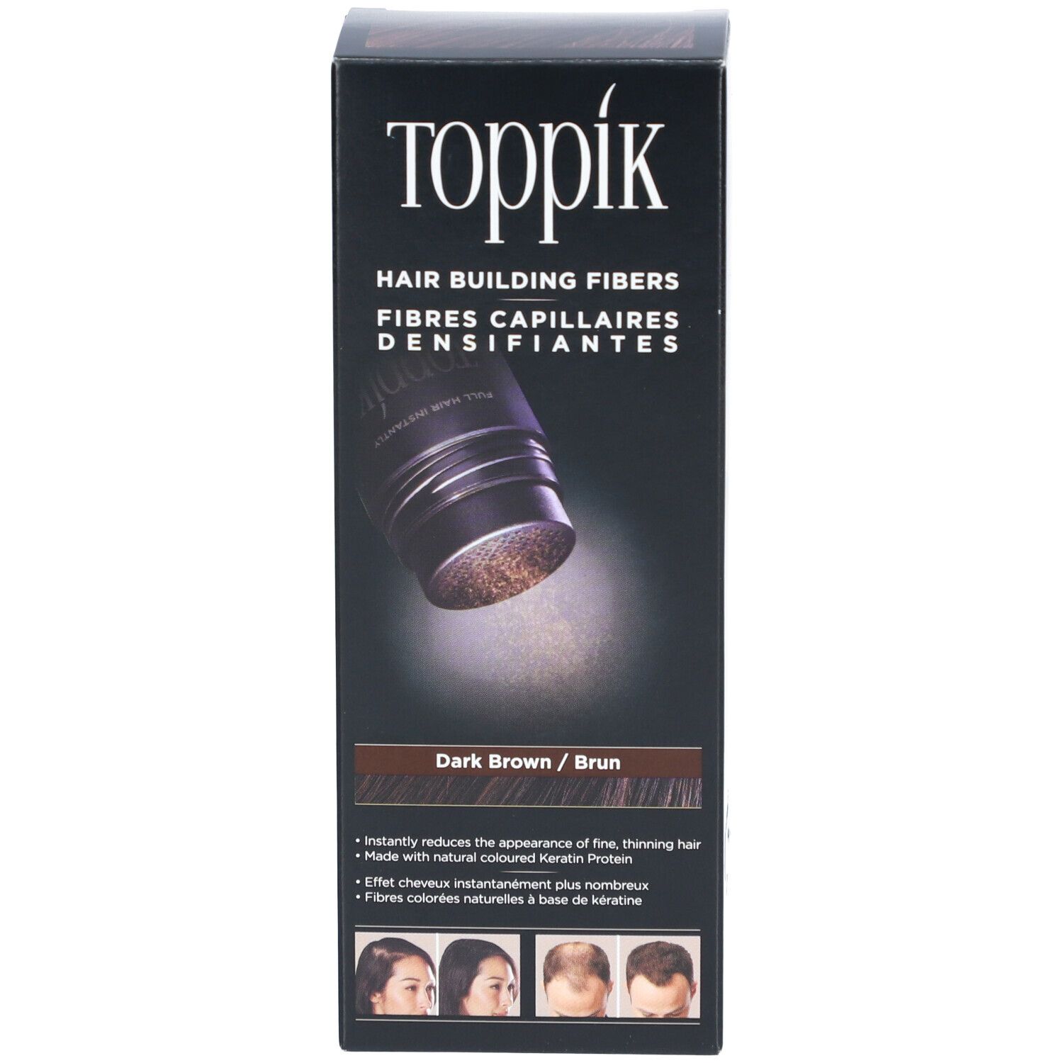 Emballage de fibres capillaires Toppik. Texte: Hair Building Fibers, Dark Brown. Illustration du produit.