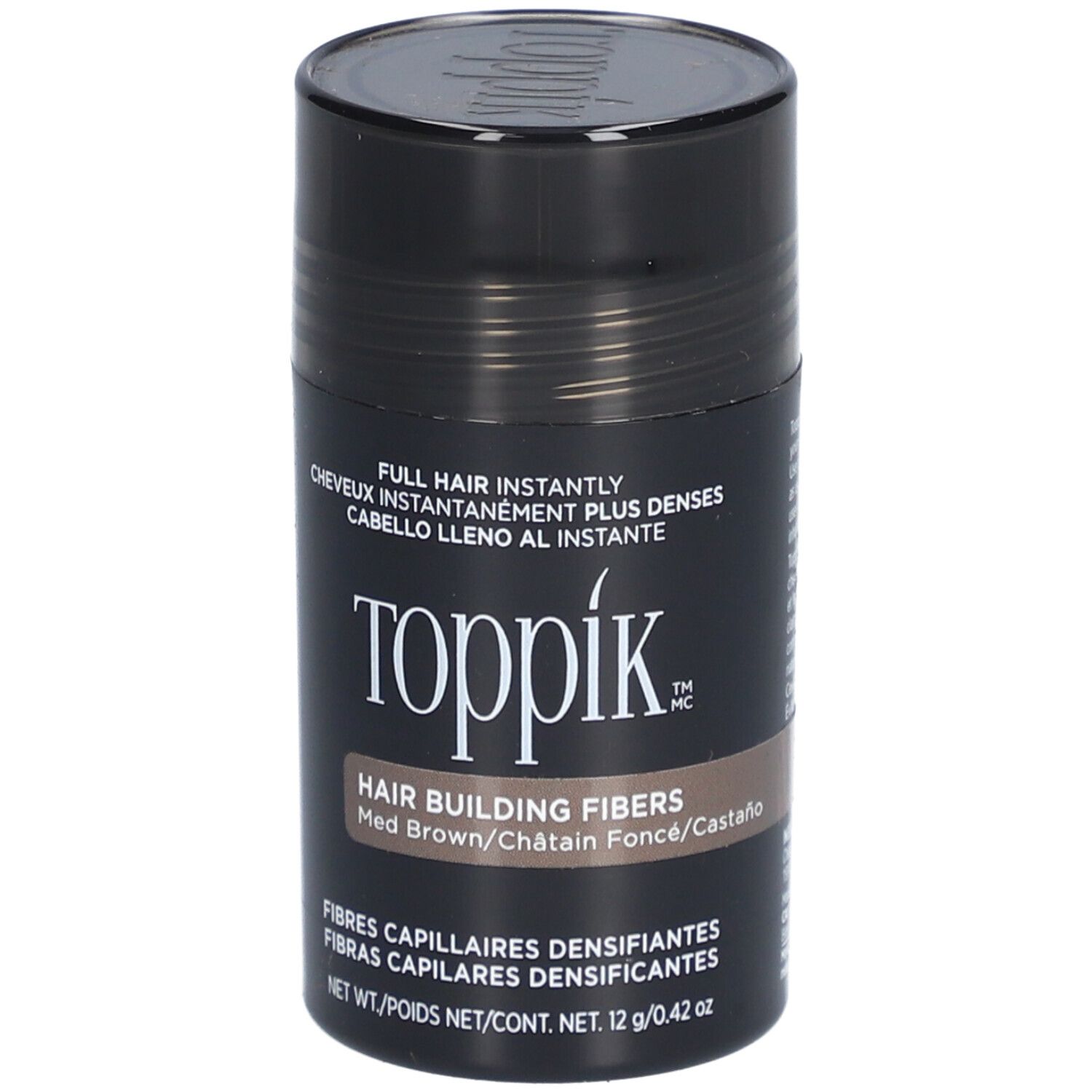 Flacon cylindrique de fibres capillaires Toppik, brun foncé. Inscription: Hair Building Fibers.