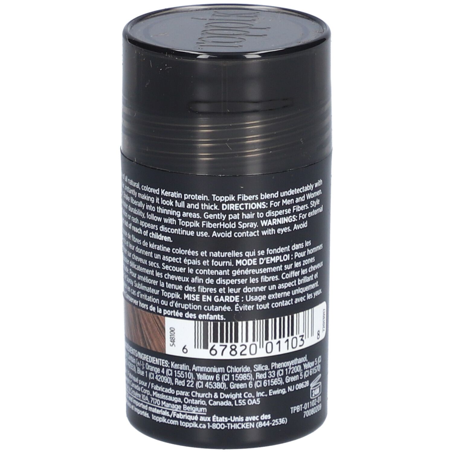 Dos d'un flacon de fibres capillaires Toppik, brun foncé. Contient ingrédients et avertissements.