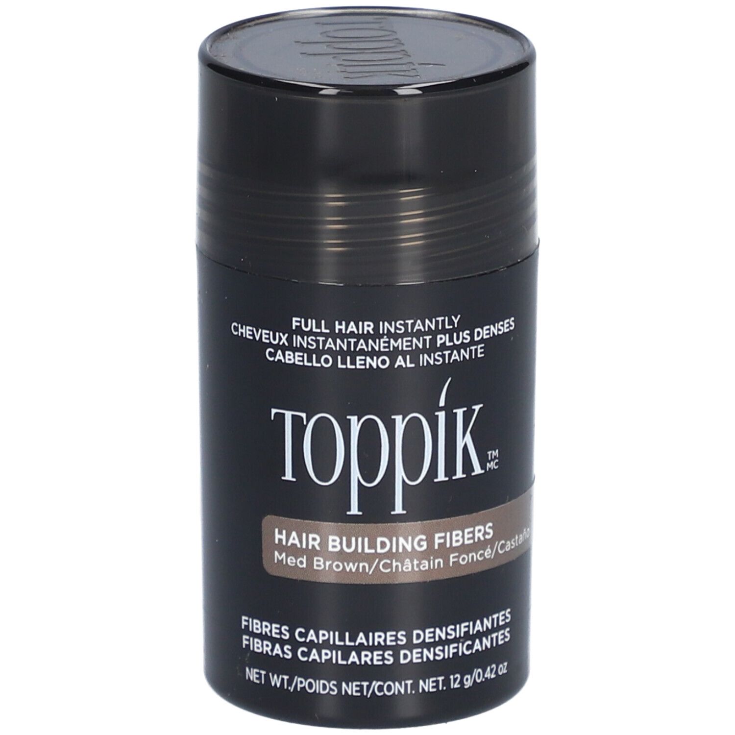 Flacon cylindrique Toppik de fibres capillaires, brun foncé. Inscription: Hair Building Fibers. Gros plan.