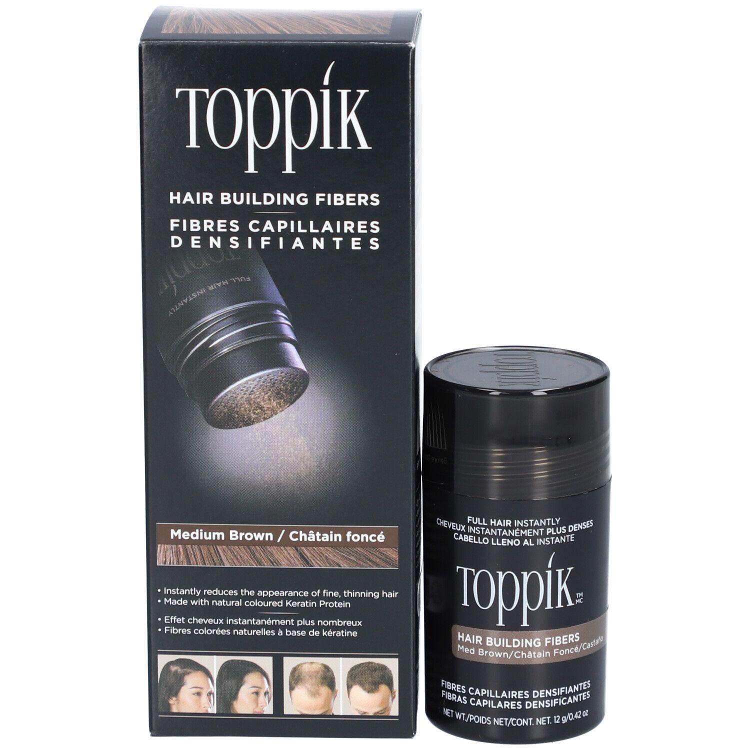 Toppik fibres capillaires en boîte et flacon. Boîte avec image du produit et nom du produit.