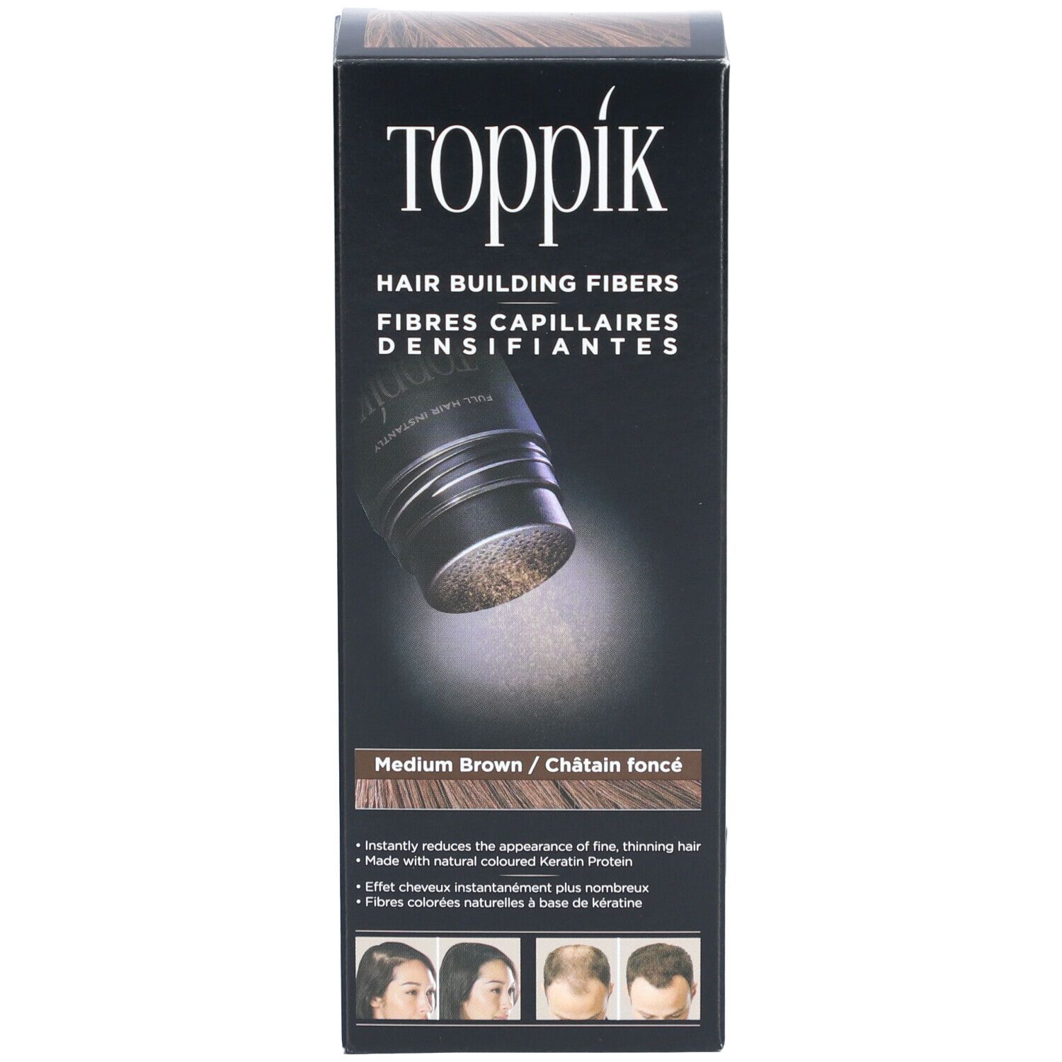 Boîte de fibres capillaires Toppik. Image et nom du produit sur la boîte.