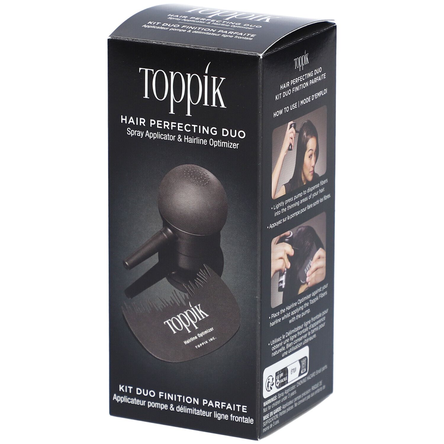 Zwarte verpakking met Toppik-logo en productnaam. Bevat een spray-applicator en een haarlijn-optimizer.