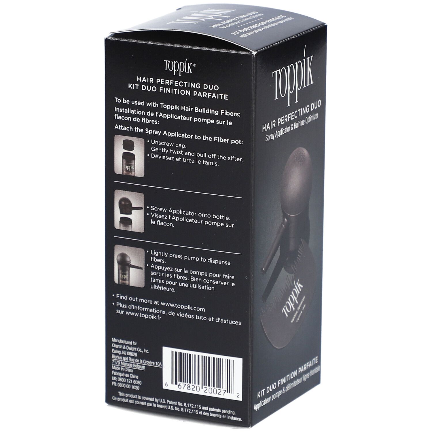 Achterkant van de zwarte Toppik-verpakking. Toont instructies voor het gebruik van de spray-applicator. Bevat productinformatie.