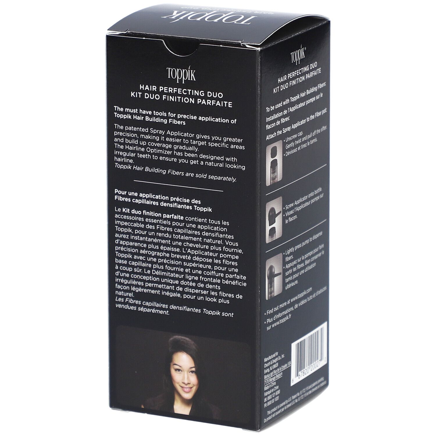 Achterkant van de zwarte Toppik-verpakking. Bevat productbeschrijving en instructies. Met afbeelding van een vrouw.