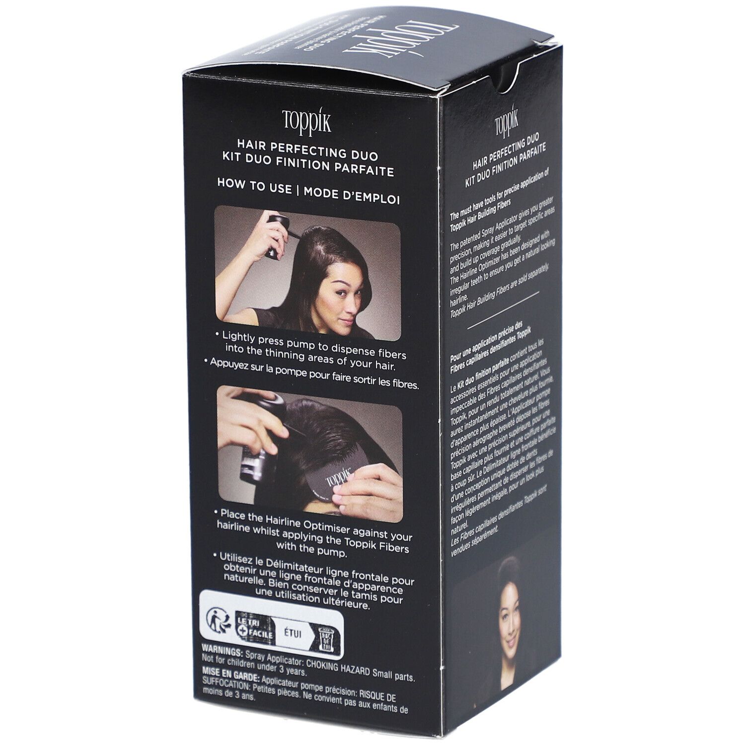 Zwarte Toppik-verpakking met gebruiksvoorbeelden. Toont een vrouw die het product gebruikt. Bevat waarschuwingen.