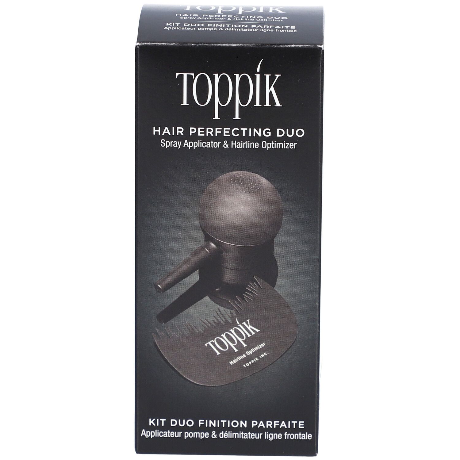 Zwarte Toppik-verpakking met spray-applicator en haarlijn-optimizer. Productnaam en logo duidelijk zichtbaar.