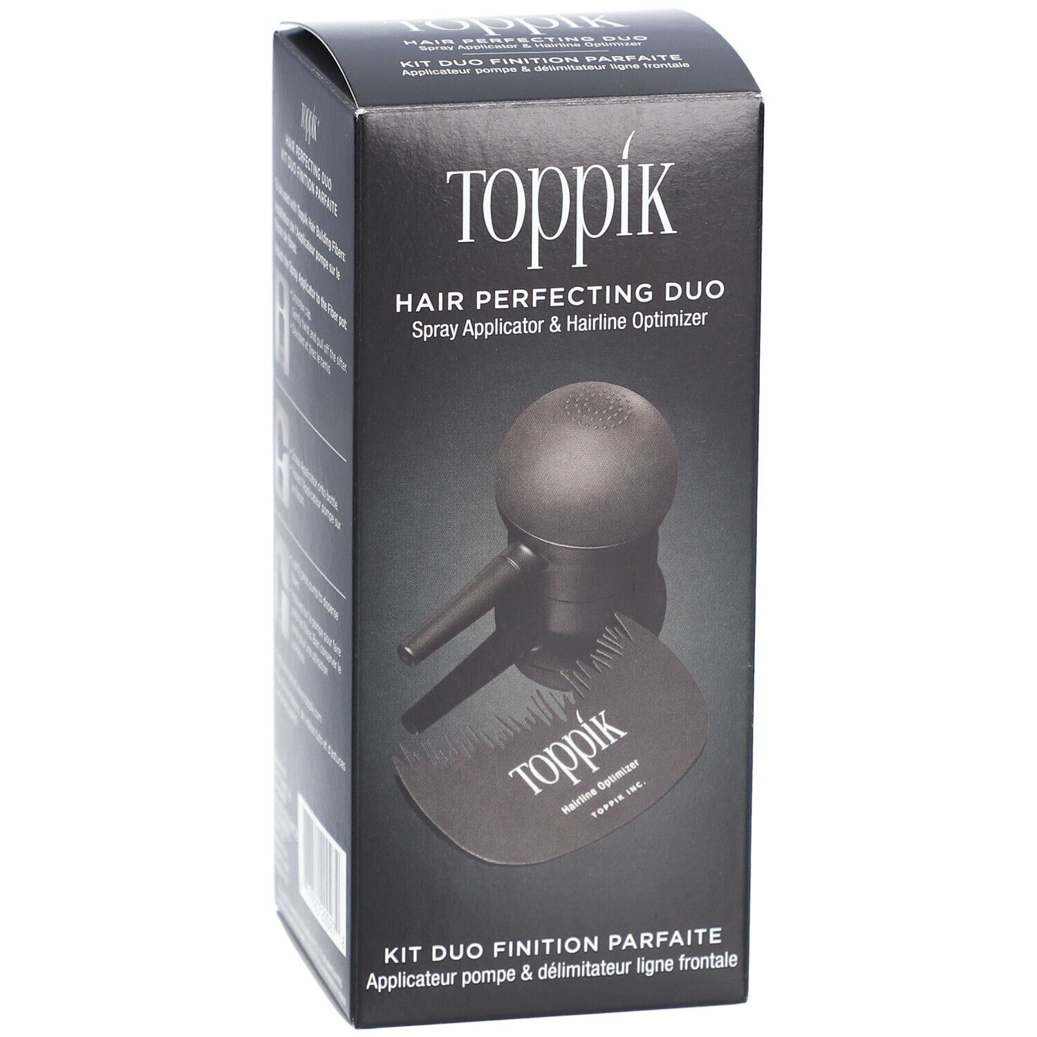Zwarte Toppik-verpakking met spray-applicator en haarlijn-optimizer. Productnaam en logo duidelijk zichtbaar.