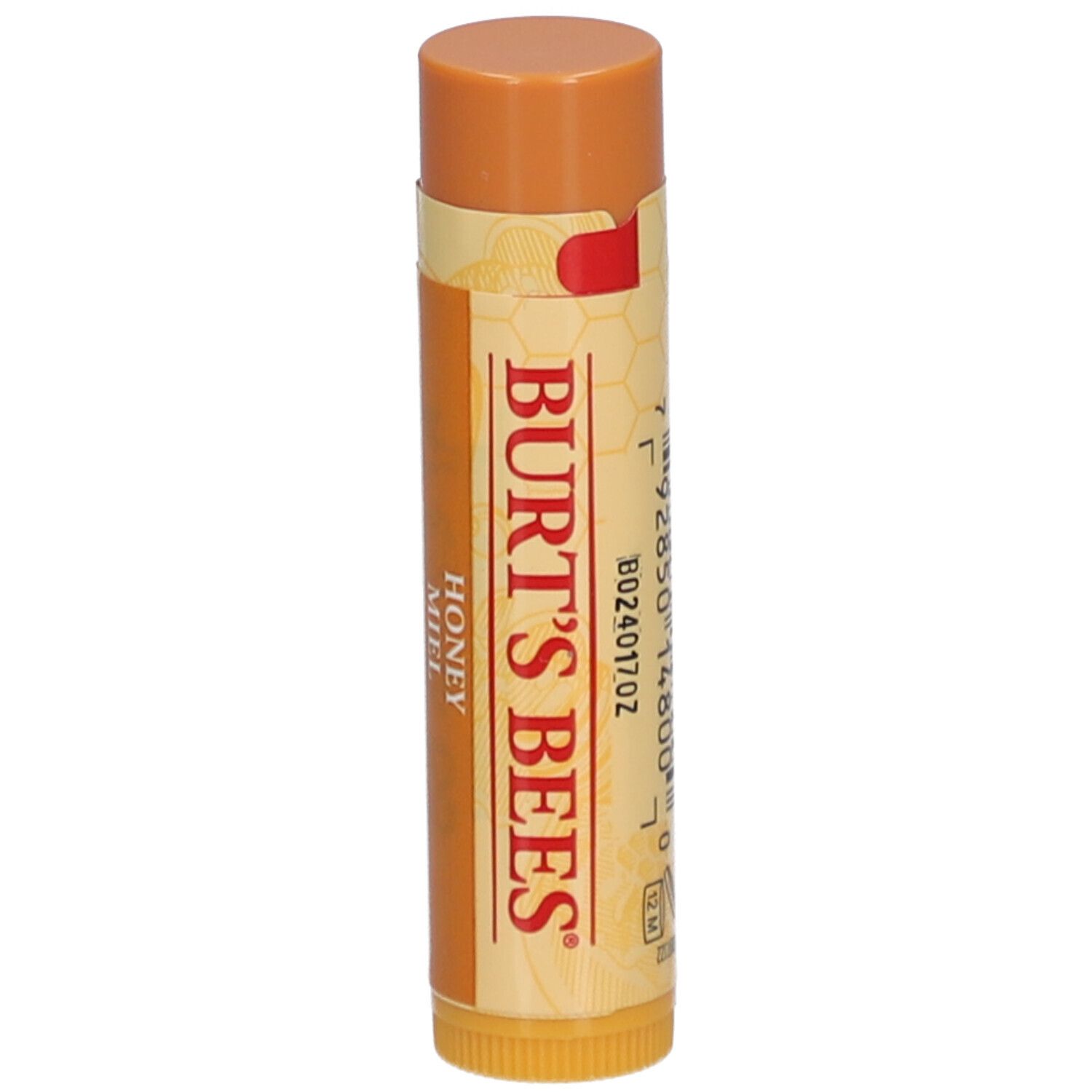Lipbalsem stick met honing. Geelbruine verpakking. Opschrift: BURT'S BEES. Honingsmaak.