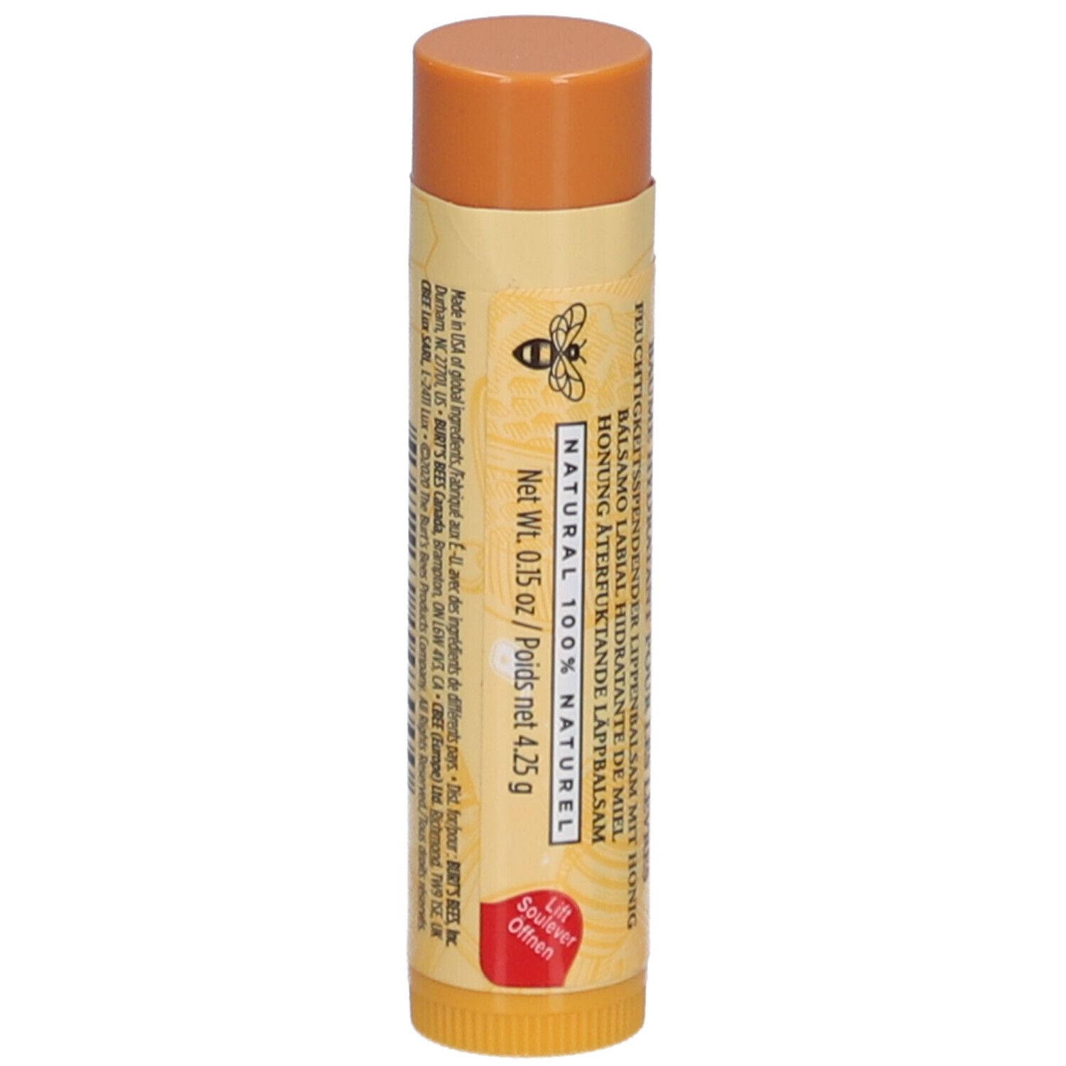 Lipbalsem stick met honing. Natuurlijke ingrediënten. Netto 4,25g. Honingsmaak. Bijenlogo.
