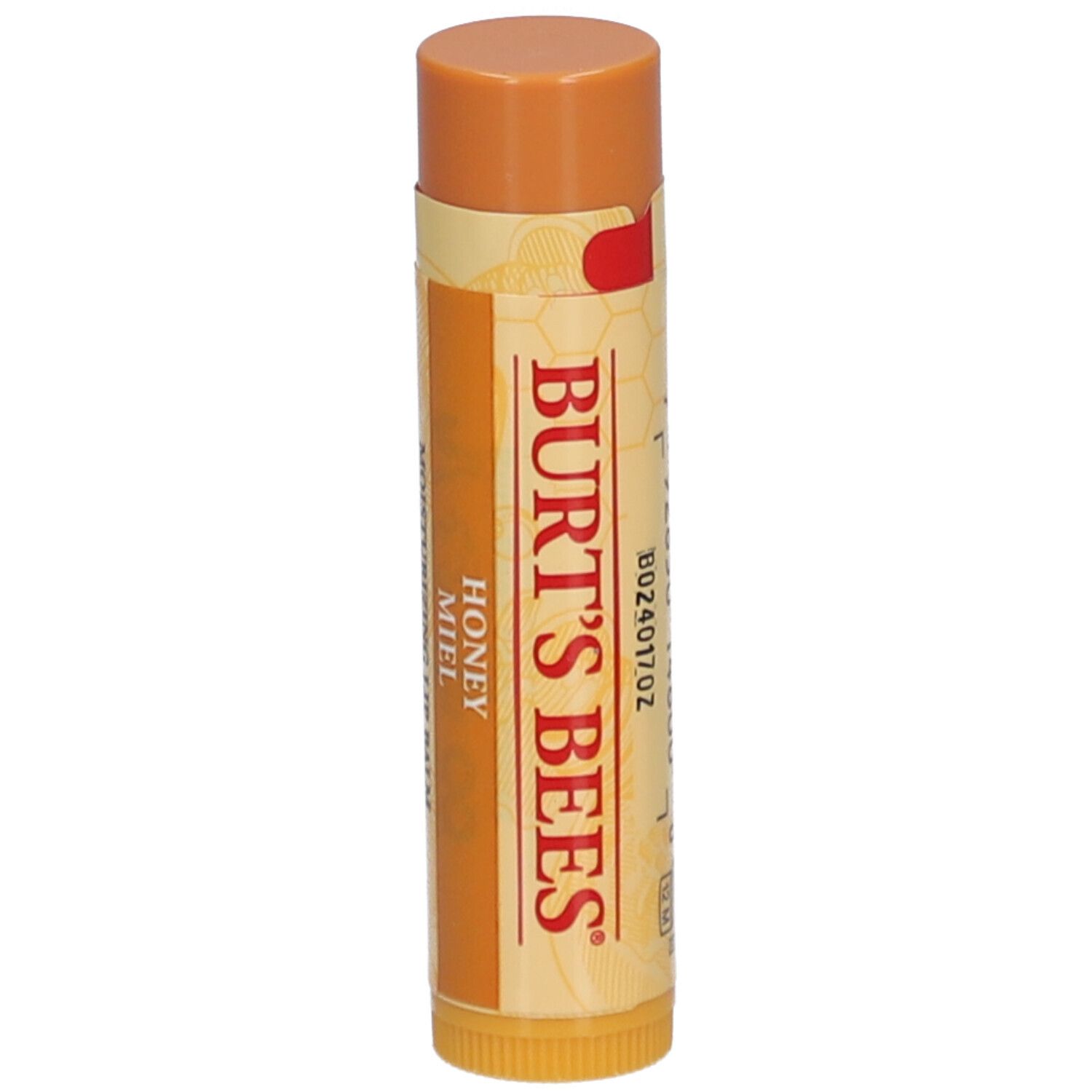 Lipbalsem stick met honing. Geelbruine verpakking. Opschrift: BURT'S BEES. Honingsmaak.