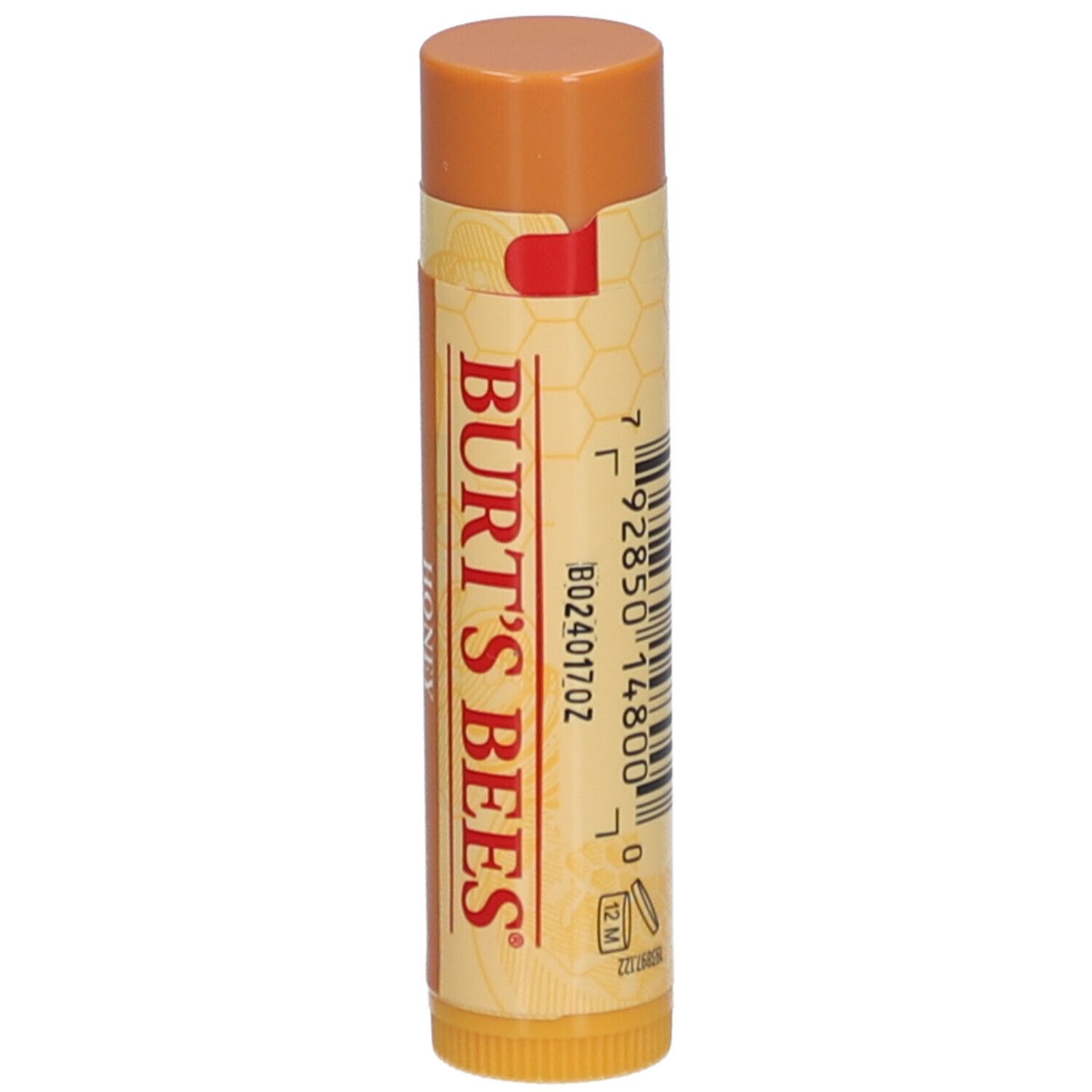 Lipbalsem stick met honing. Geelbruine verpakking. Opschrift: BURT'S BEES. Streepjescode.