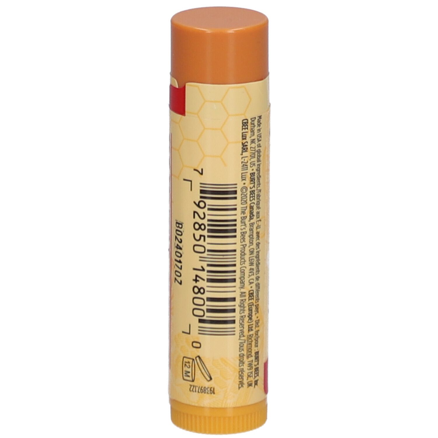 Lipbalsem stick met honing. Geelbruine verpakking. Streepjescode. Fabrikantinformatie.