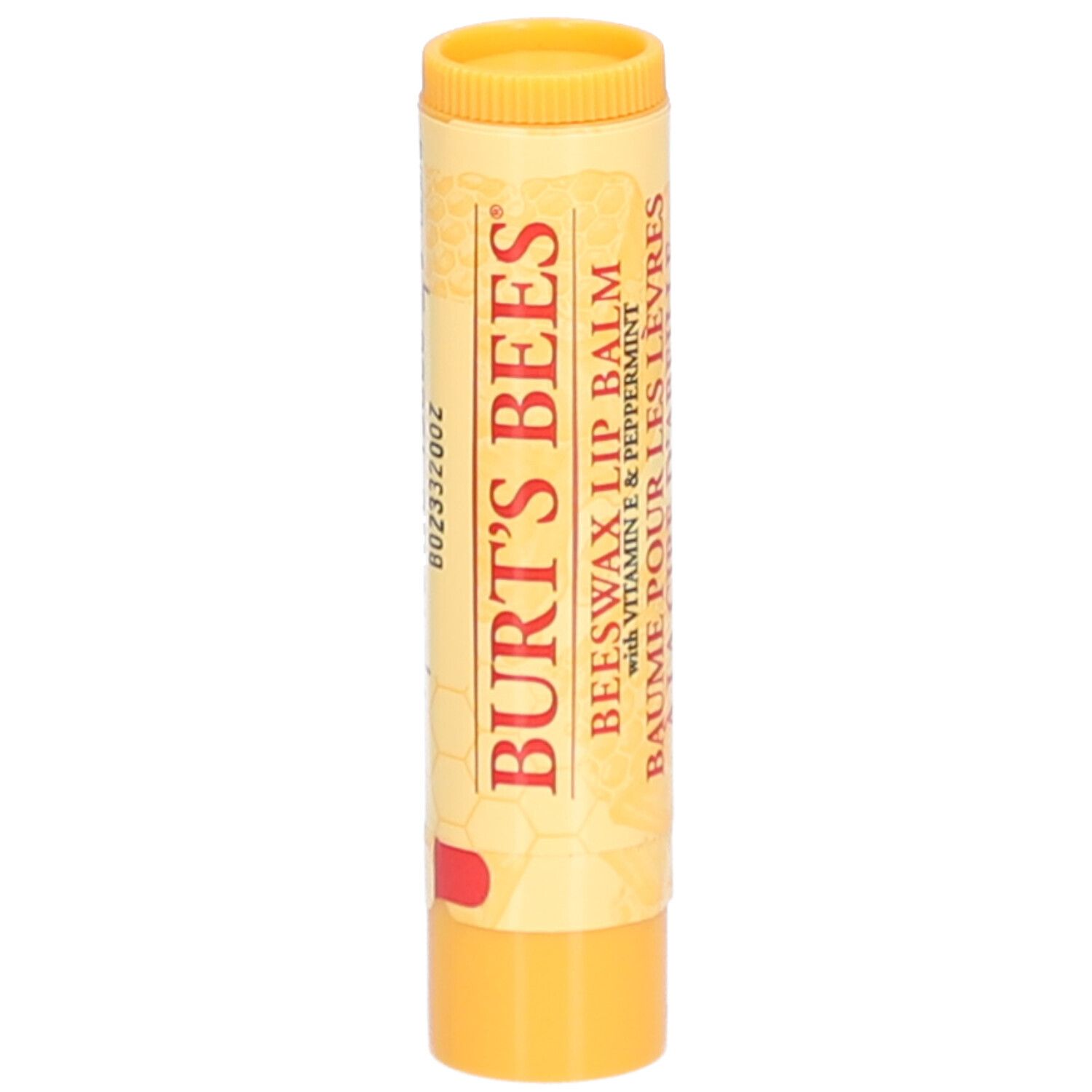 Gele lippenbalsemstift met rode tekst. Opschrift: BURT'S BEES, lippenbalsem met bijenwas.