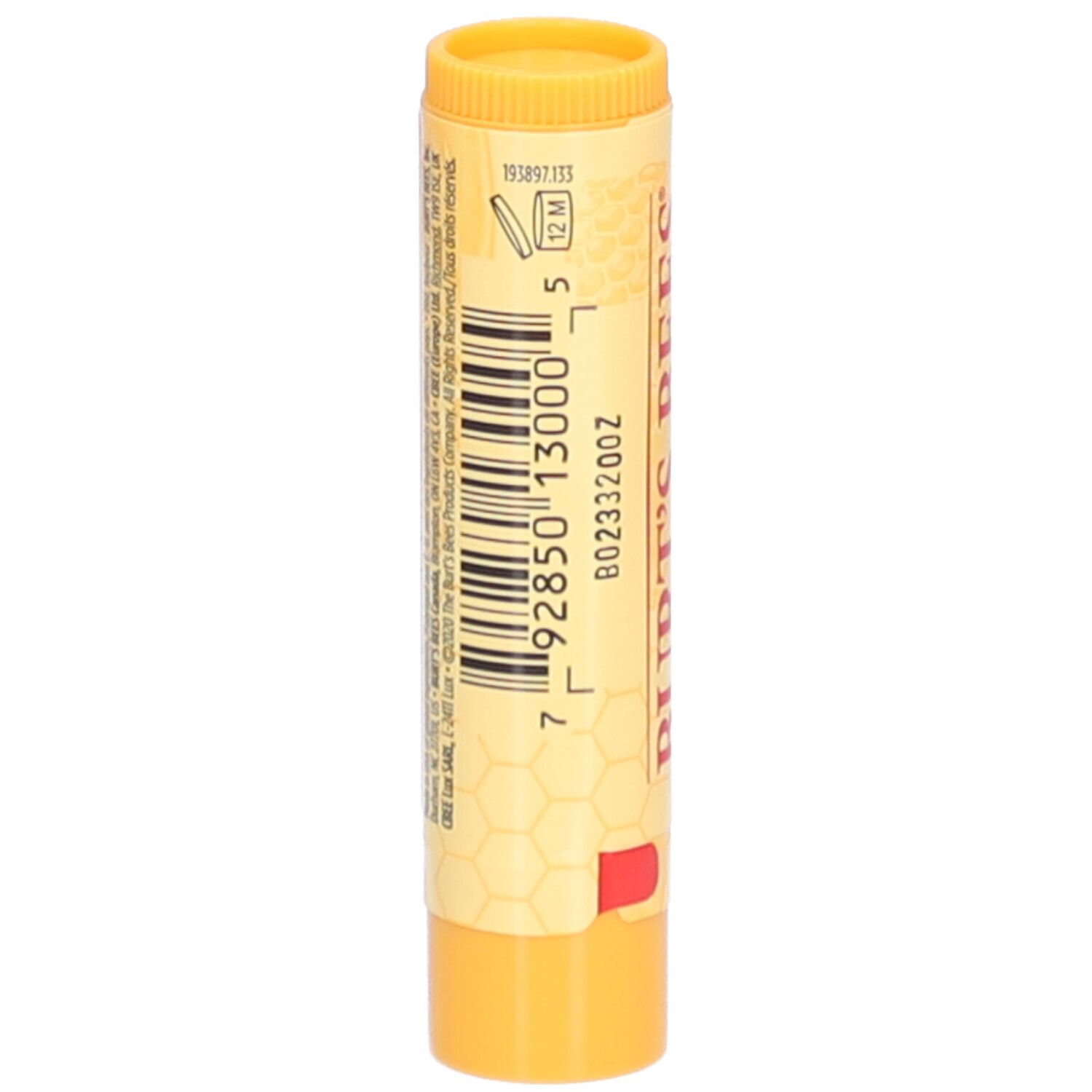 Achterkant van de gele lippenbalsemstift. Streepjescode en tekst. Opschrift: BURT'S BEES.