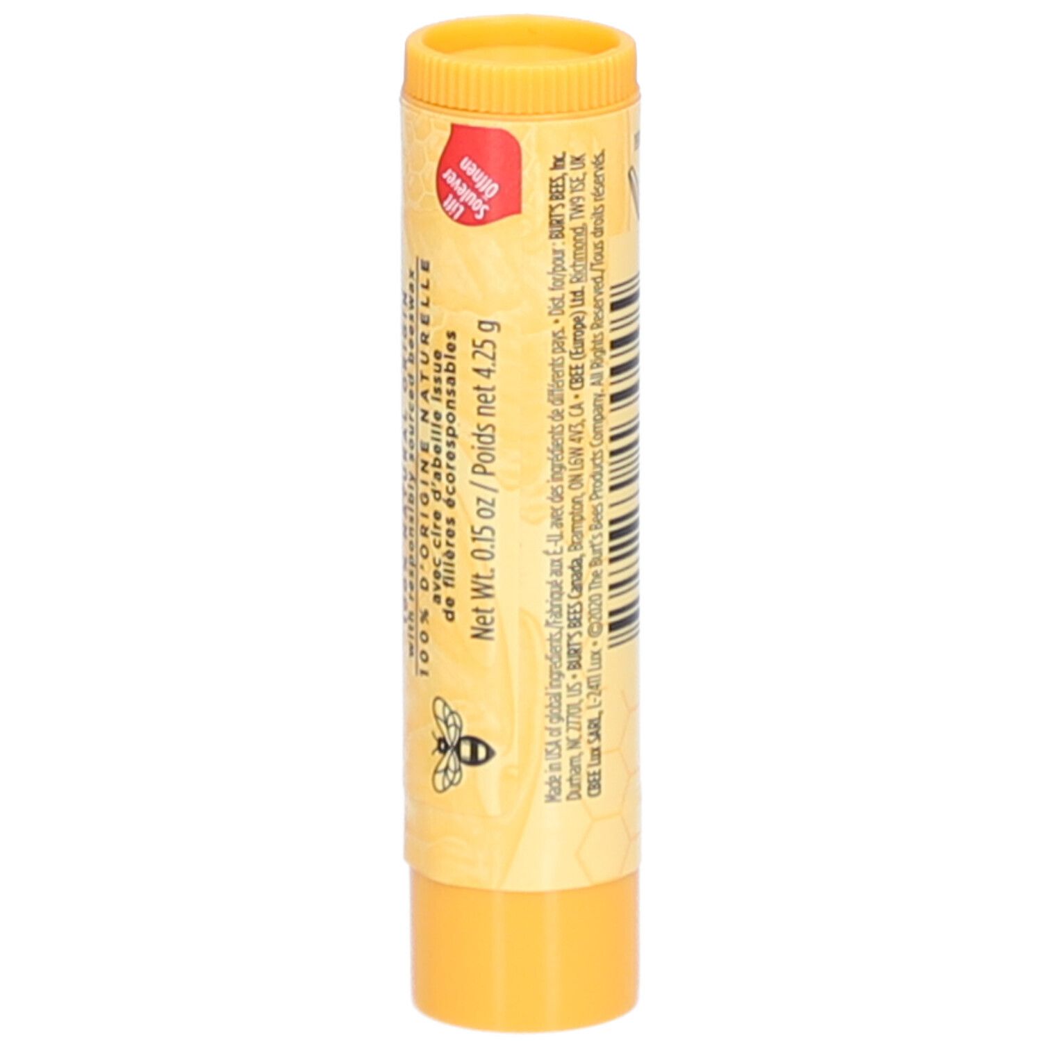 Gele lippenbalsemstift met tekst. Opschrift: 100% natuurlijke ingrediënten, 0,15 oz / 4,25 g.