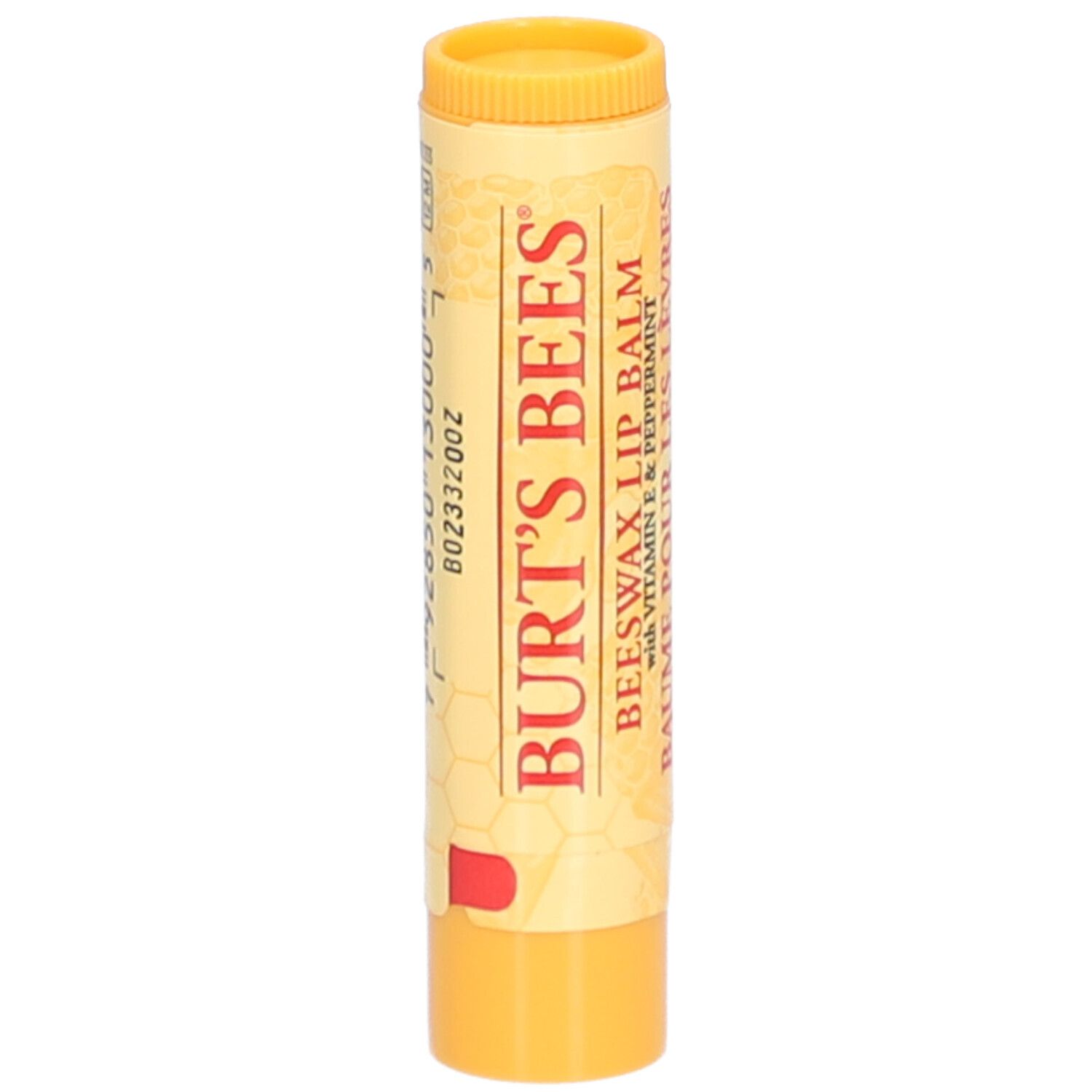 Gele lippenbalsemstift met rode tekst. Opschrift: BURT'S BEES, lippenbalsem met bijenwas.