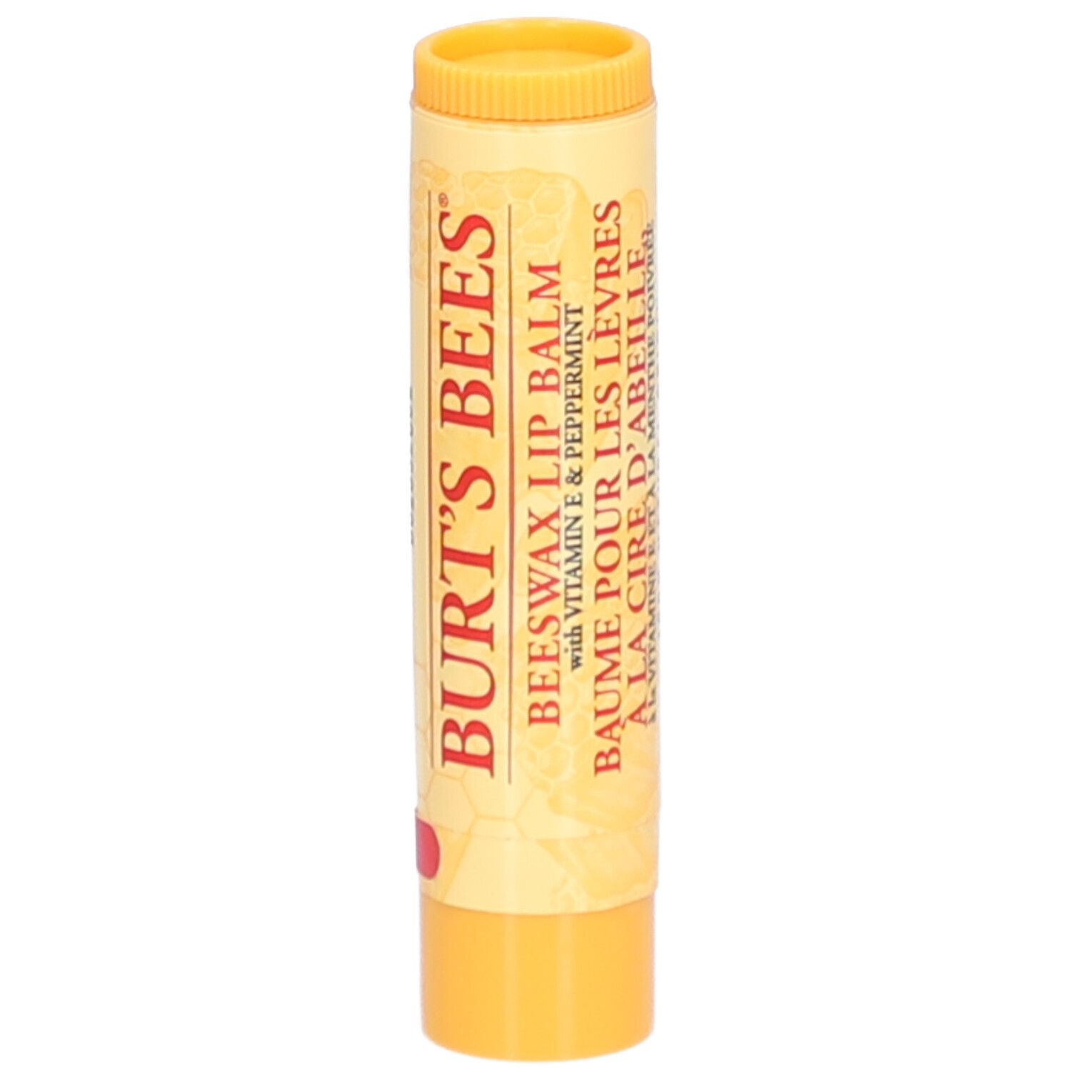 Gele lippenbalsemstift met rode tekst. Opschrift: BURT'S BEES, lippenbalsem met bijenwas.