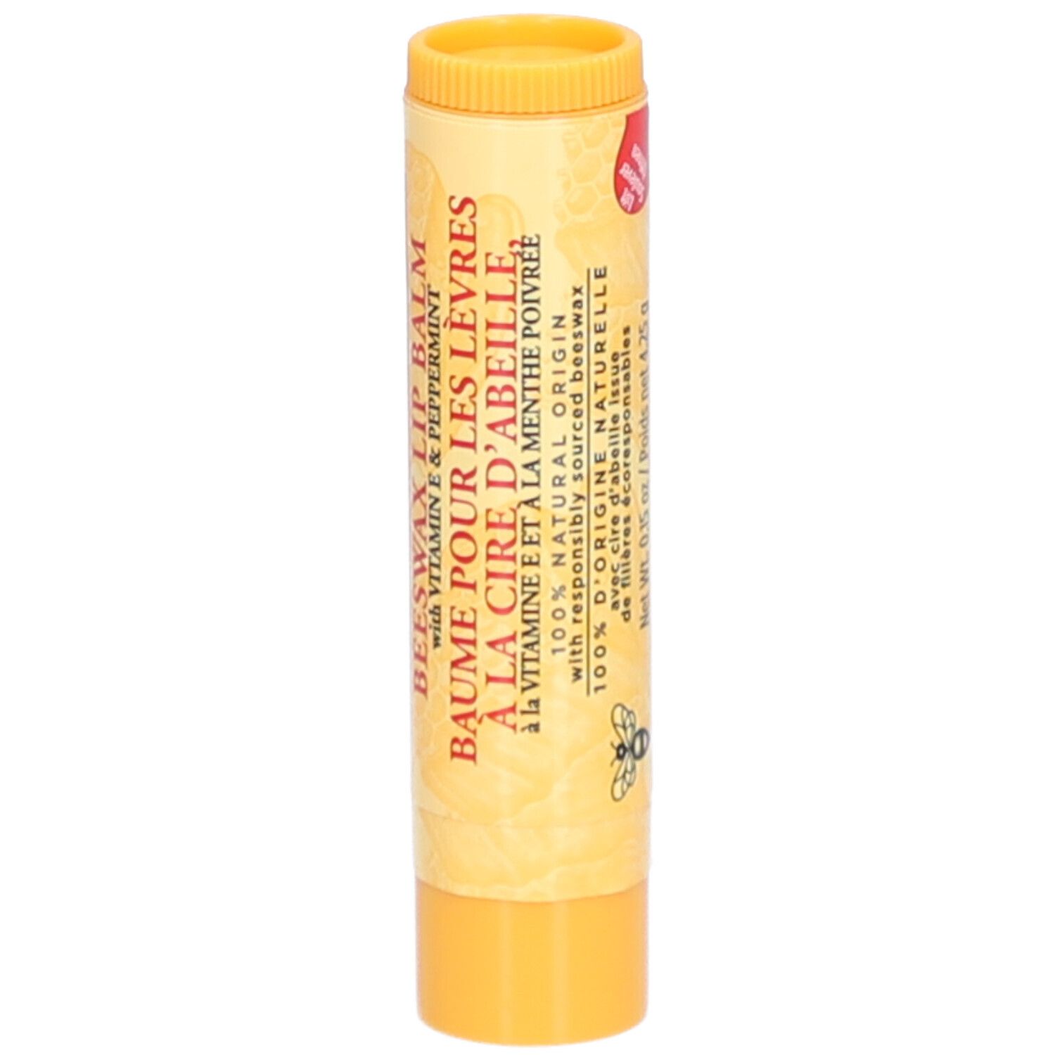 Gele lippenbalsemstift met tekst. Opschrift: BURT'S BEES, lippenbalsem met bijenwas, 100% natuurlijke oorsprong.