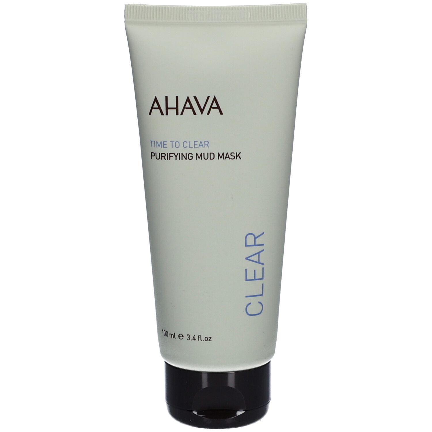 Crèmetube met AHAVA-logo en productnaam. Wit, met zwarte dop. Opschrift CLEAR.