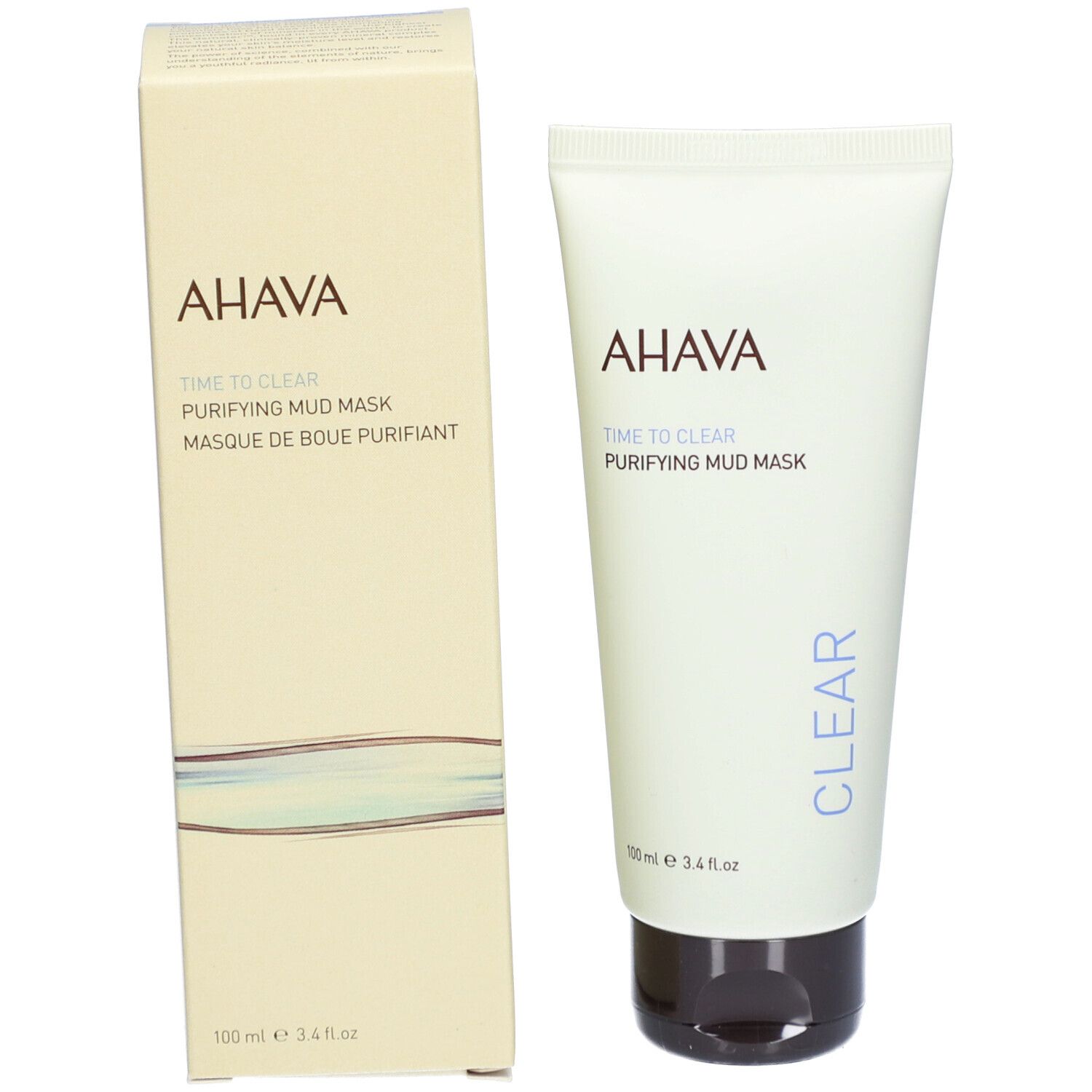Productverpakking met tube en doos. Doos met AHAVA-logo en productnaam. Tube met zwarte dop.