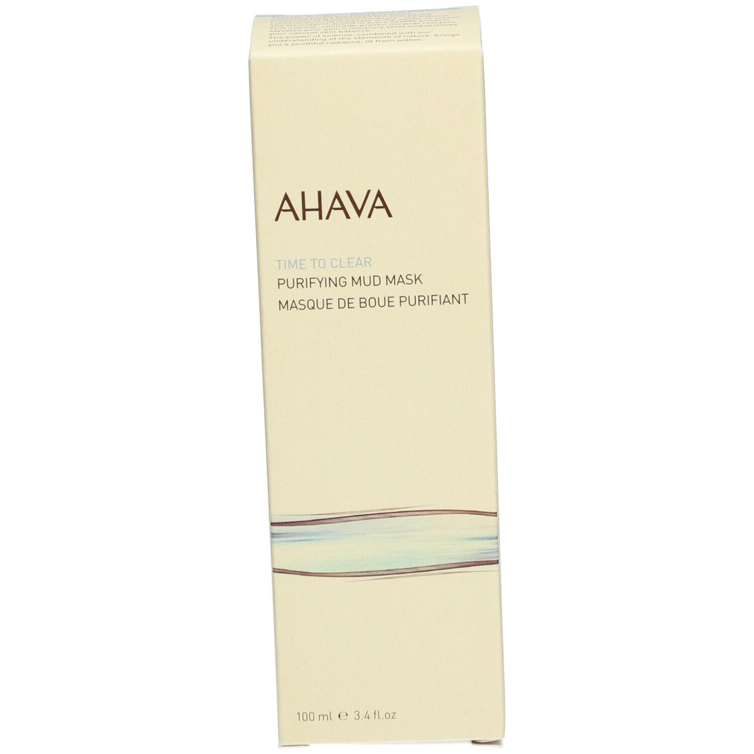 Kartonnen verpakking met AHAVA-logo en productnaam. Beige met blauwe accenten. Tekst in het Engels en Frans.