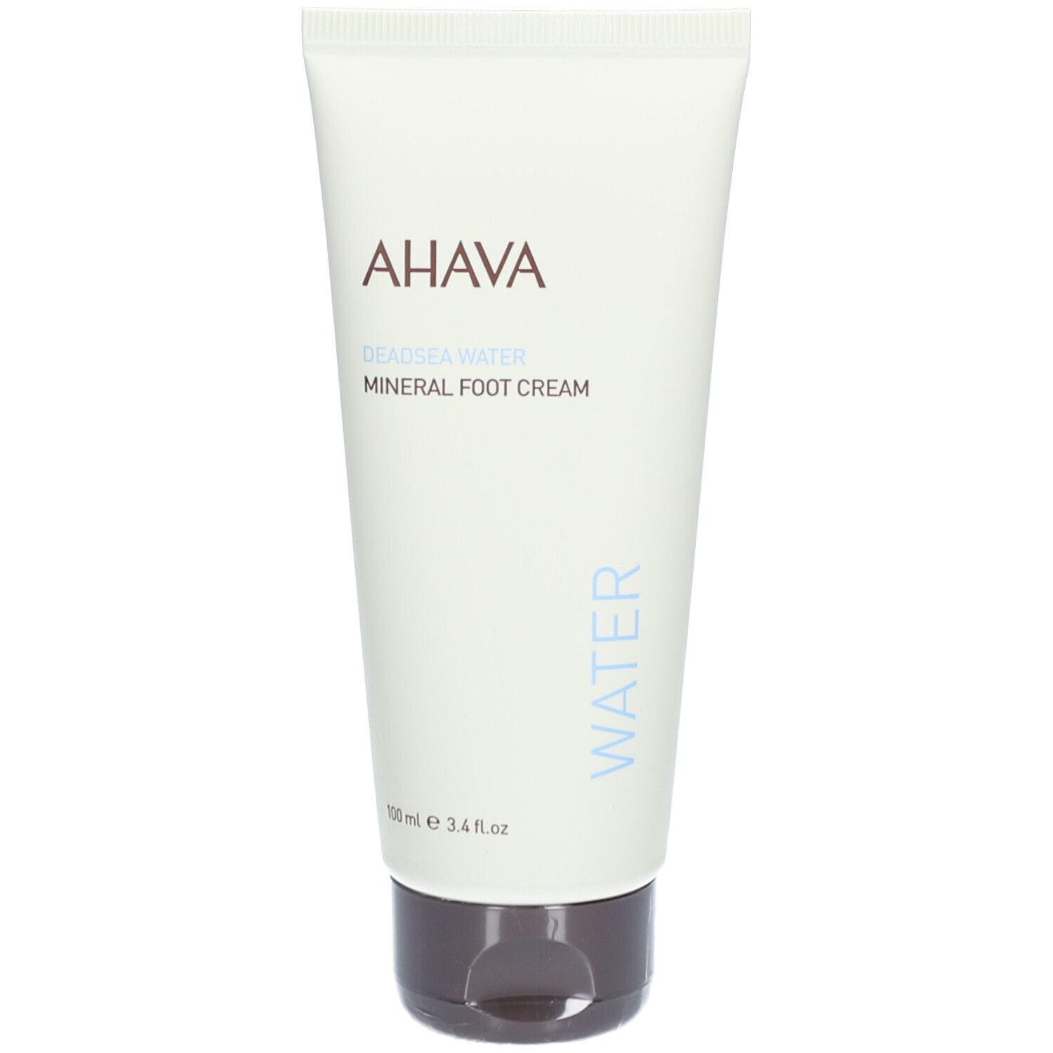 Tube AHAVA Crème Pieds Minérale blanc, bouchon marron. Inscription AHAVA et nom du produit. Inscription bleue WATER.