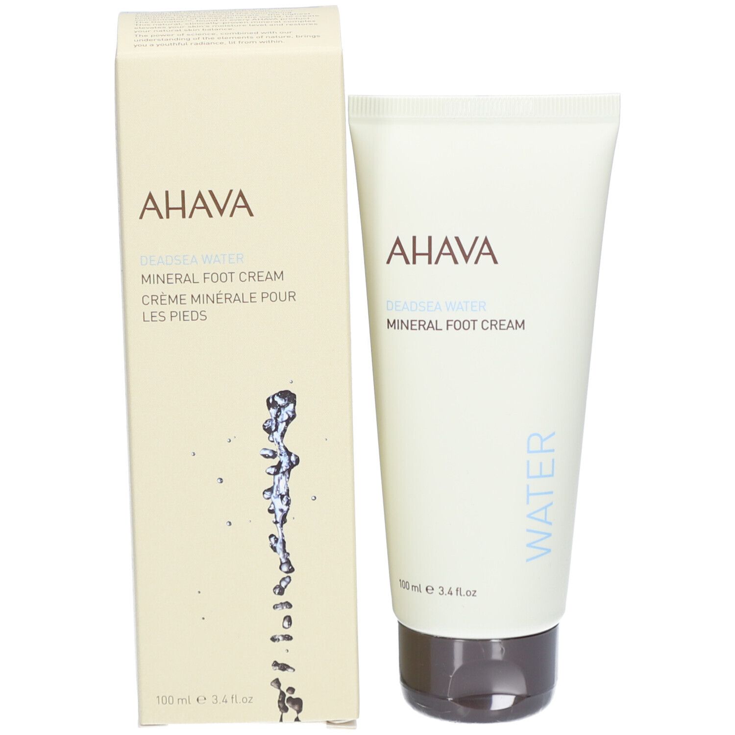 Tube et emballage AHAVA Crème Pieds Minérale. Tube et boîte côte à côte. Logo AHAVA et nom du produit.