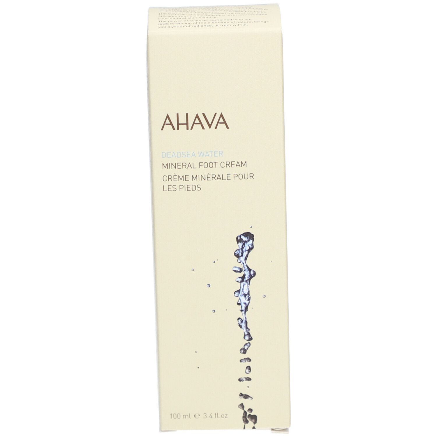 Emballage AHAVA Crème Pieds Minérale. Boîte rectangulaire avec logo AHAVA et nom du produit. Illustration d'eau.