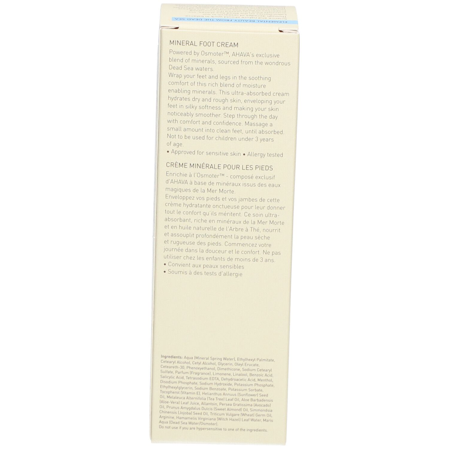 Côté de l'emballage AHAVA Crème Pieds Minérale. Texte multilingue. Description du produit.
