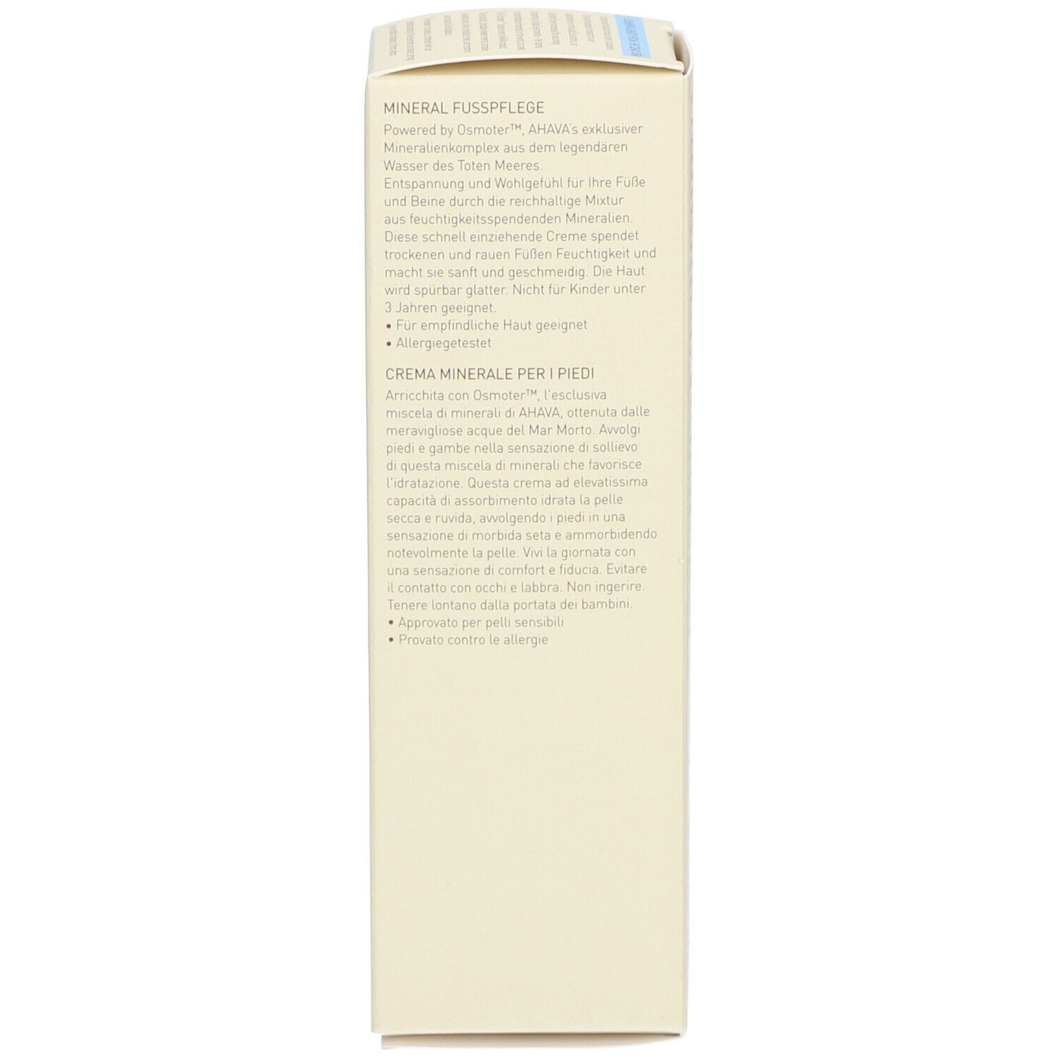 Côté de l'emballage AHAVA Crème Pieds Minérale. Texte multilingue. Informations sur le produit.