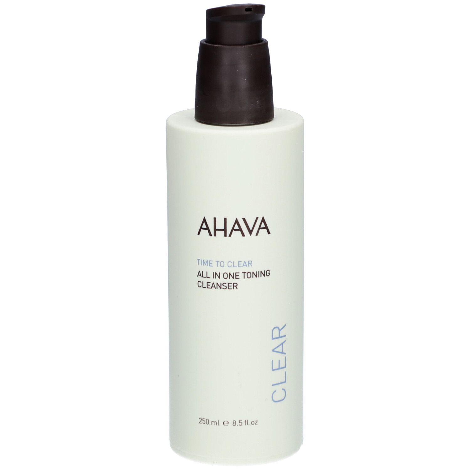 AHAVA reinigingstonic fles met pomp. Opschrift: AHAVA, Time to Clear, All in One Toning Cleanser, Clear.