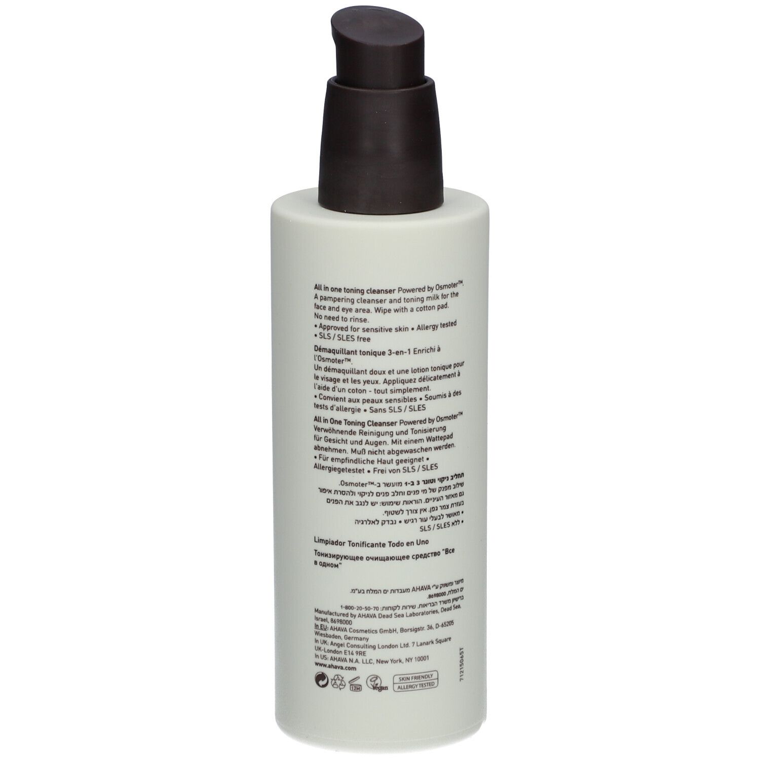 AHAVA reinigingstonic fles met pomp. Tekst op de achterkant in meerdere talen. Opschrift: All in One Toning Cleanser.