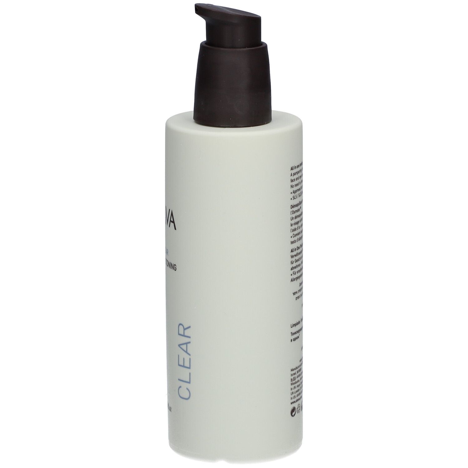 AHAVA reinigingstonic fles met pomp. Opschrift: AHAVA, Time to Clear, All in One Toning Cleanser, Clear.