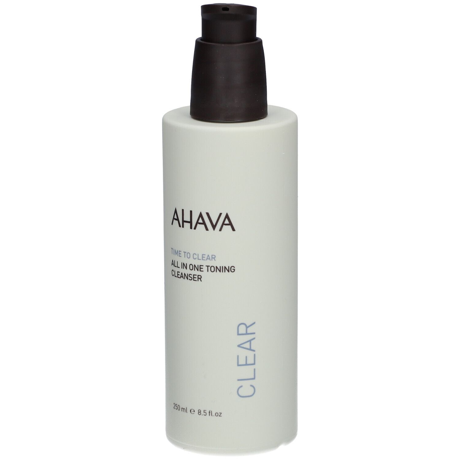 AHAVA reinigingstonic fles met pomp. Opschrift: AHAVA, Time to Clear, All in One Toning Cleanser, Clear.
