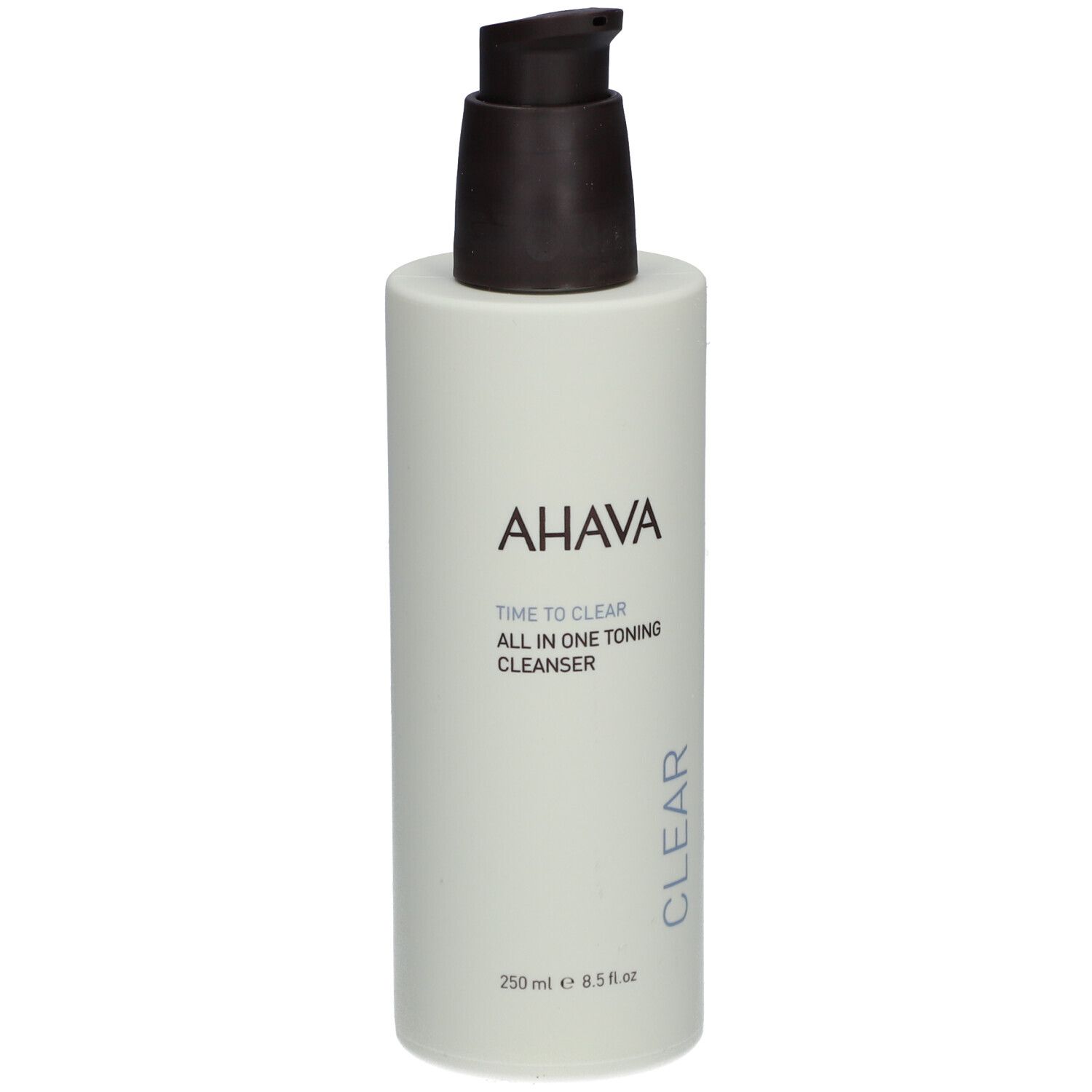 AHAVA reinigingstonic fles met pomp. Opschrift: AHAVA, Time to Clear, All in One Toning Cleanser, Clear.
