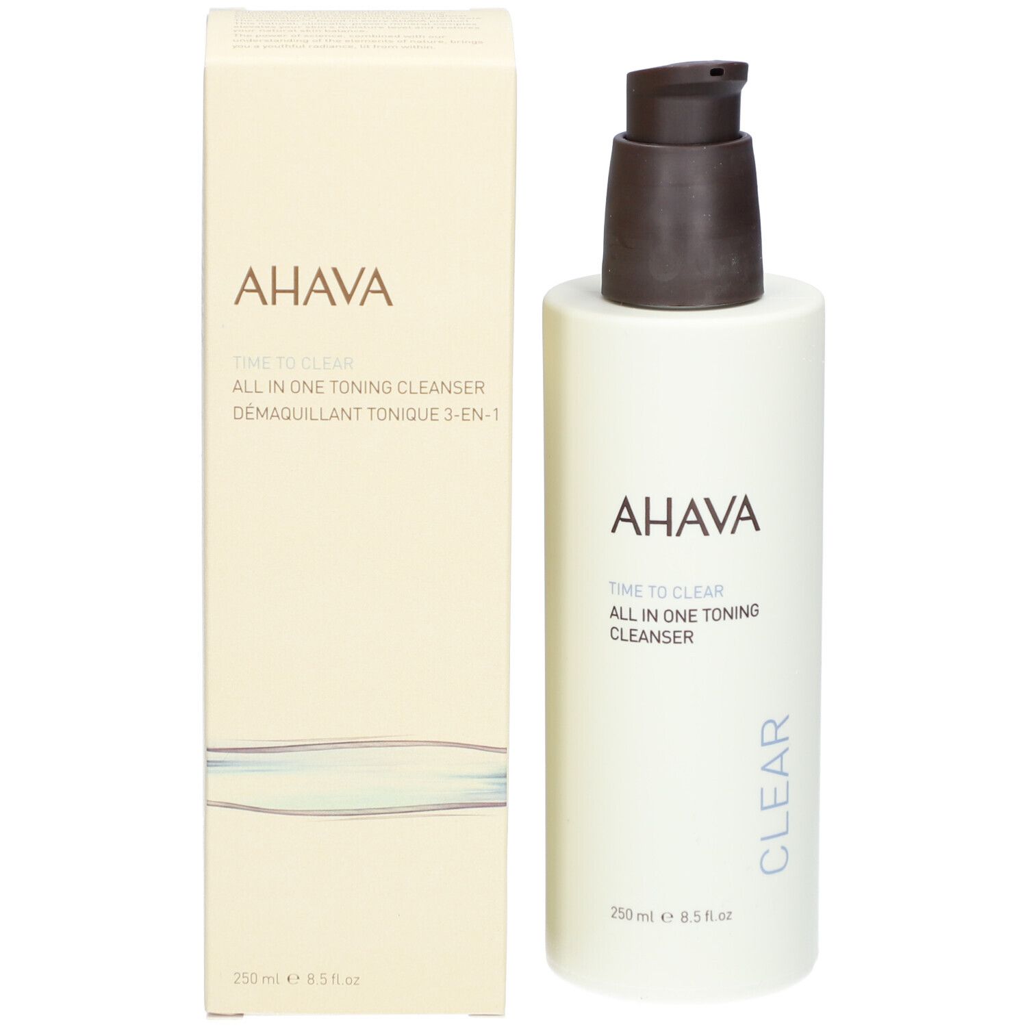 AHAVA reinigingstonic fles met pomp en doos. Opschrift: AHAVA, Time to Clear, All in One Toning Cleanser, Clear.