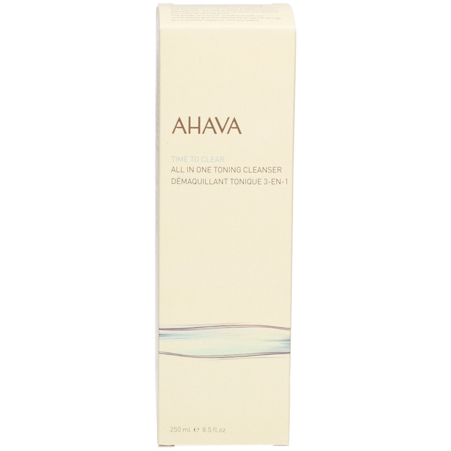 Doos voor AHAVA reinigingstonic. Opschrift: AHAVA, Time to Clear, All in One Toning Cleanser, 250 ml.
