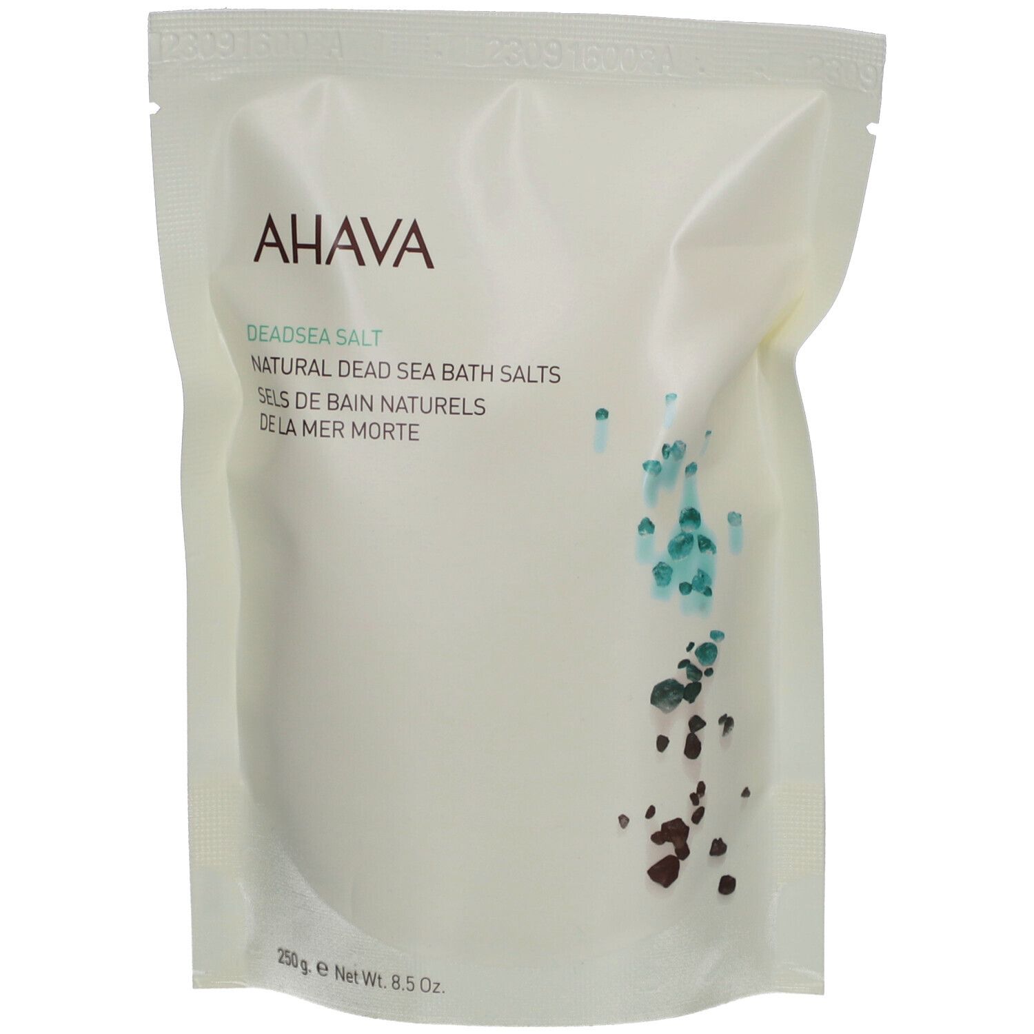 AHAVA badzoutzak. Witte zak met AHAVA-logo en productnaam. Turkoois-bruine afbeelding. 250g.
