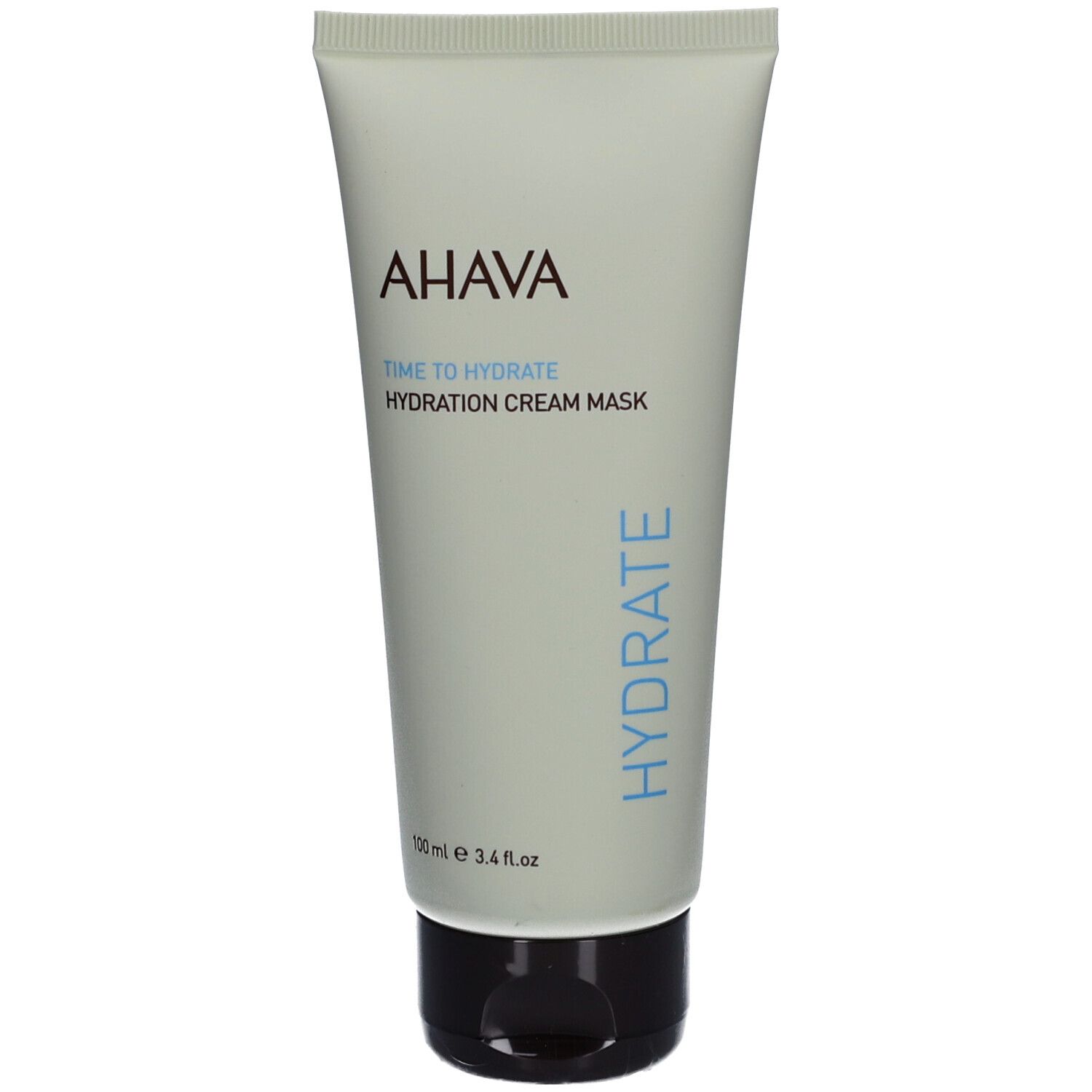 Tube de crème AHAVA Time to Hydrate Hydration Cream Mask. Tube vert clair avec bouchon noir. Texte "HYDRATE".