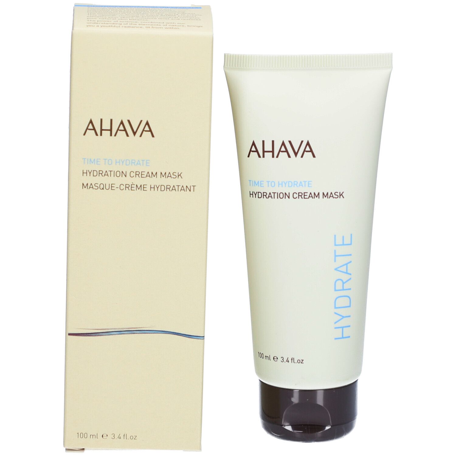 Emballage du produit. Crème et boîte. Marque AHAVA. Texte : Time to Hydrate Hydration Cream Mask.
