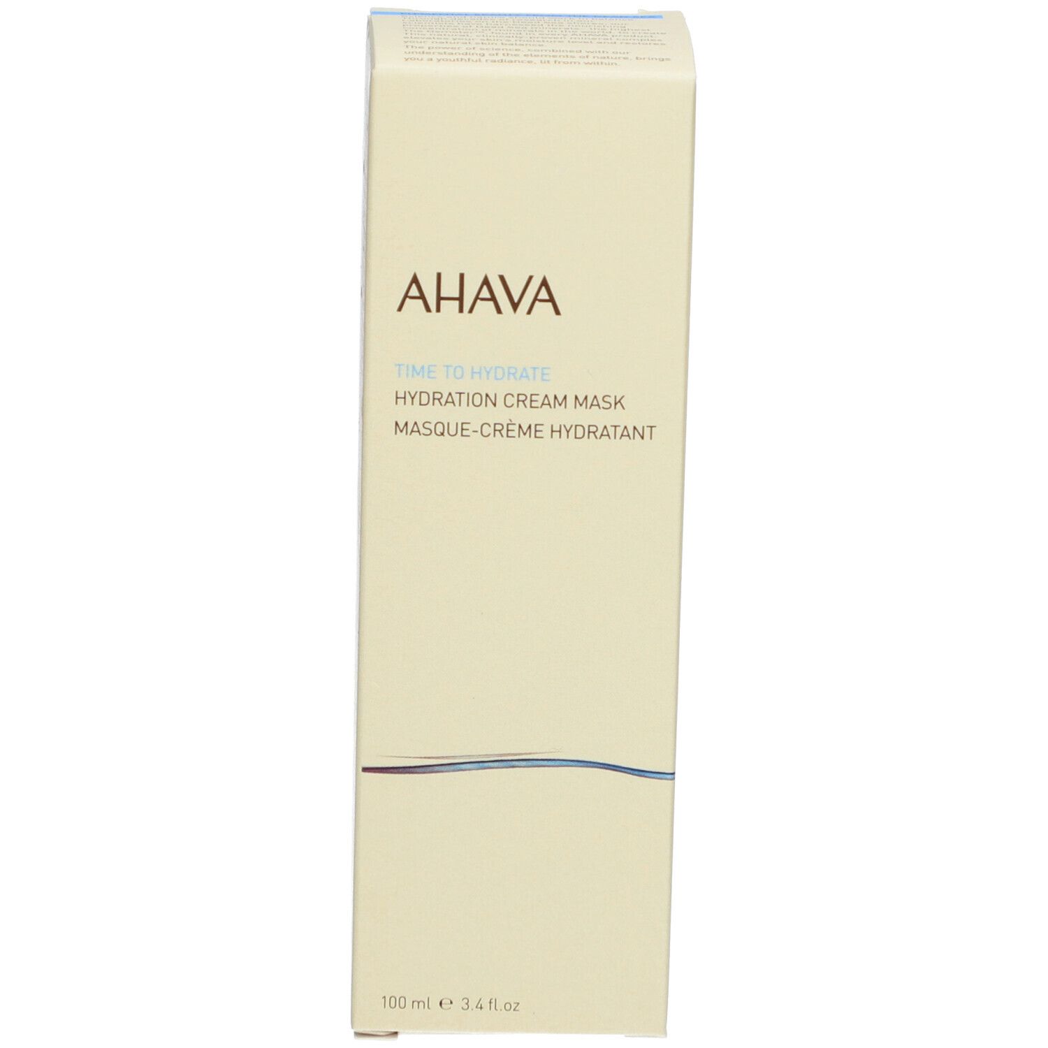 Boîte en carton. Marque AHAVA. Texte : Time to Hydrate Hydration Cream Mask. Vert clair avec bande bleue.