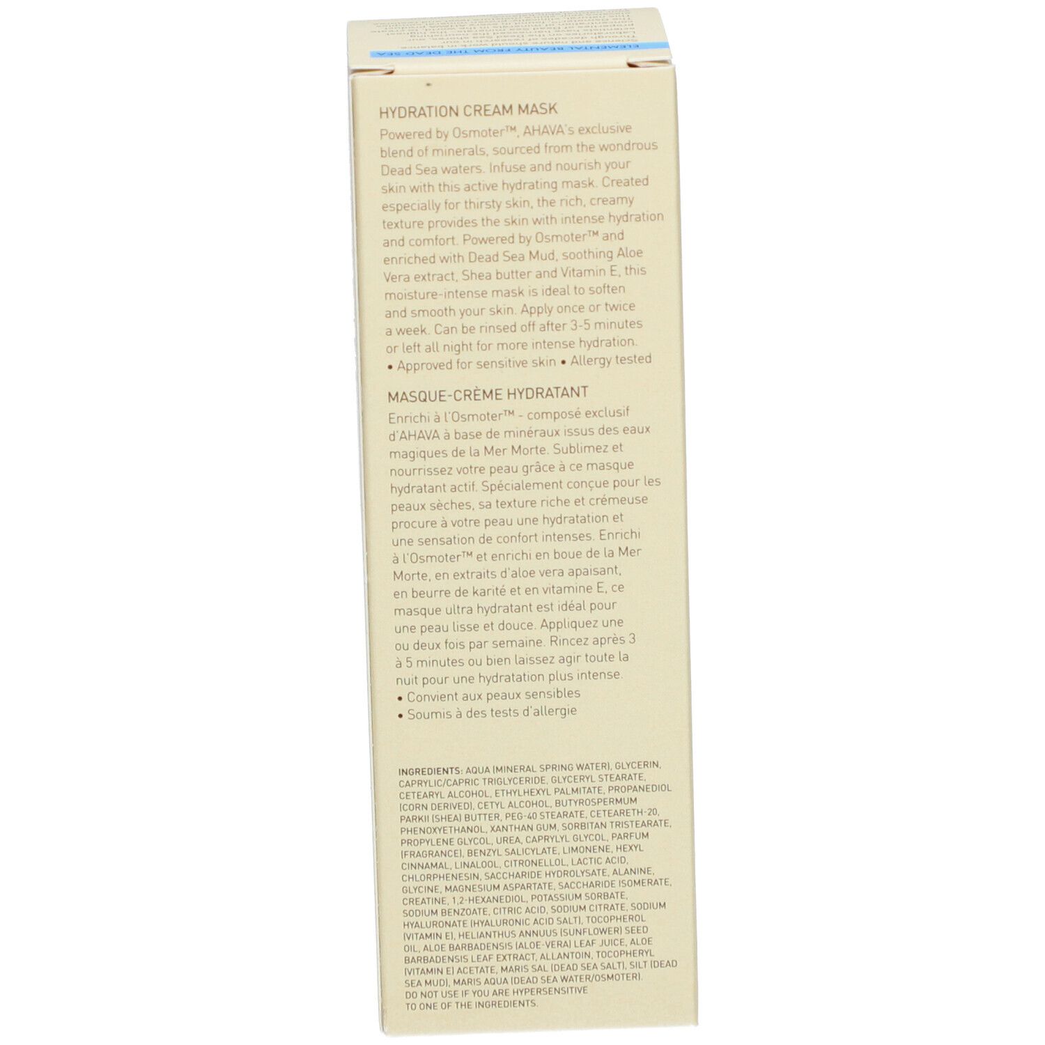 Côté de la boîte en carton. Texte multilingue. Marque AHAVA. Description du produit.