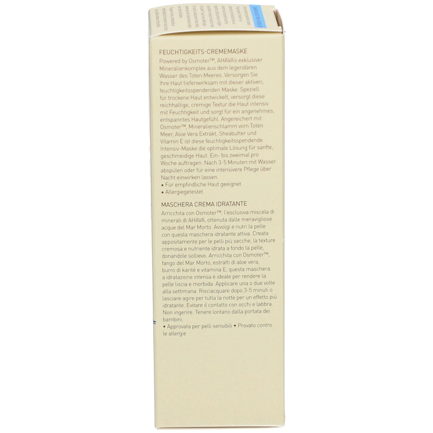 Côté de la boîte en carton. Texte multilingue. Marque AHAVA. Description du produit.