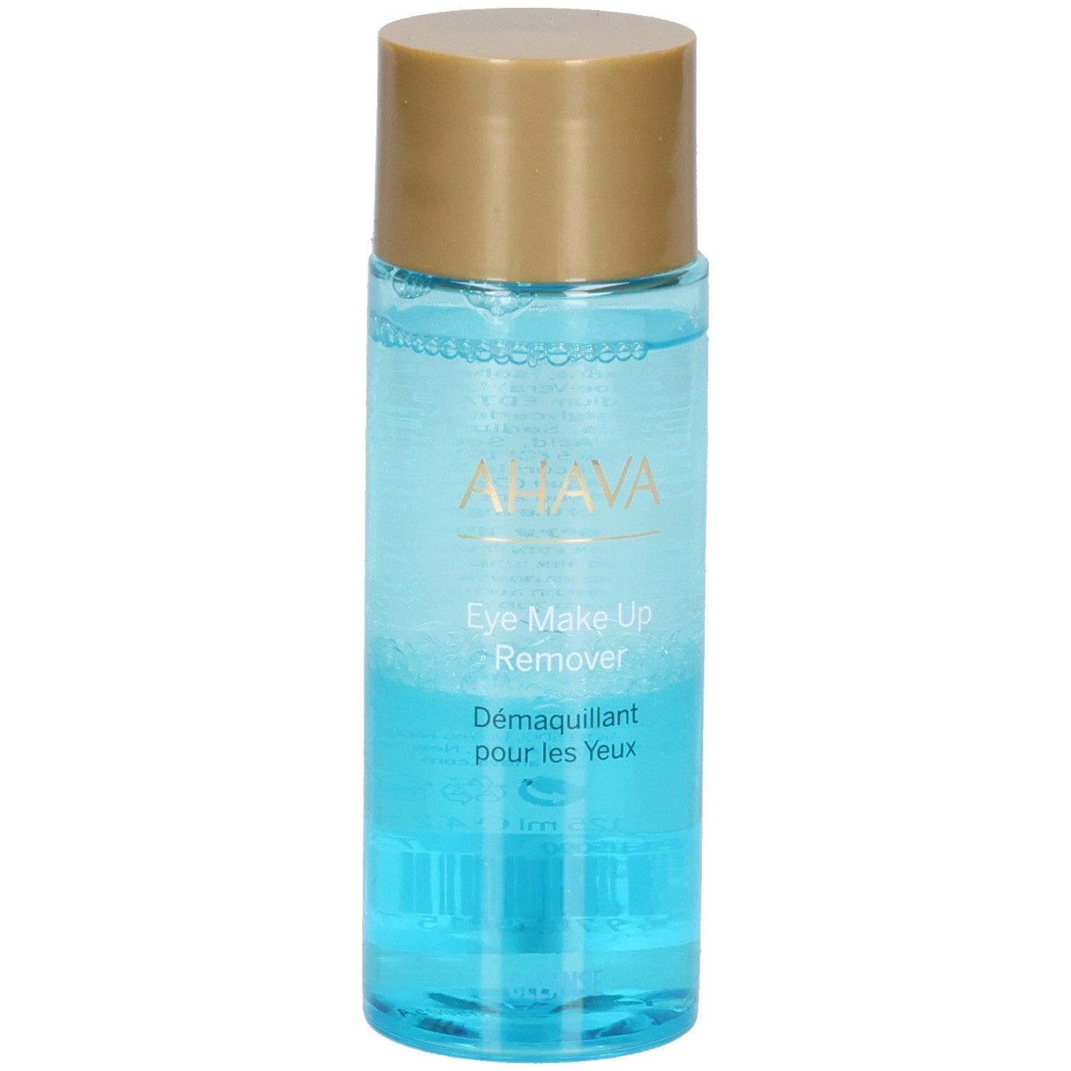 Ahava Eye Make-Up Remover. Transparante fles met blauwe vloeistof en gouden dop. Productlabels zichtbaar.