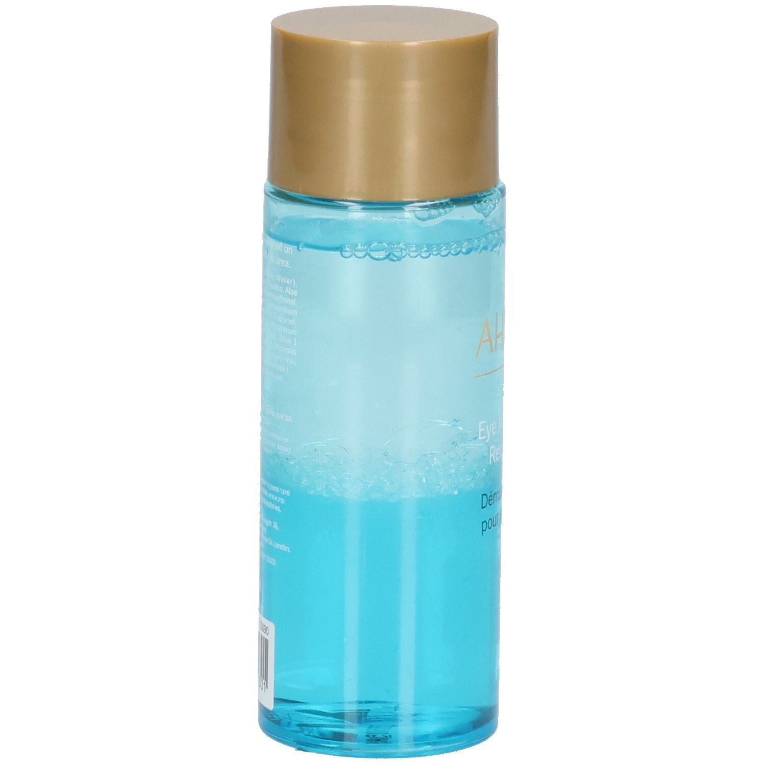 Ahava Eye Make-Up Remover. Achterkant fles met productinformatie. Transparante fles met blauwe vloeistof.