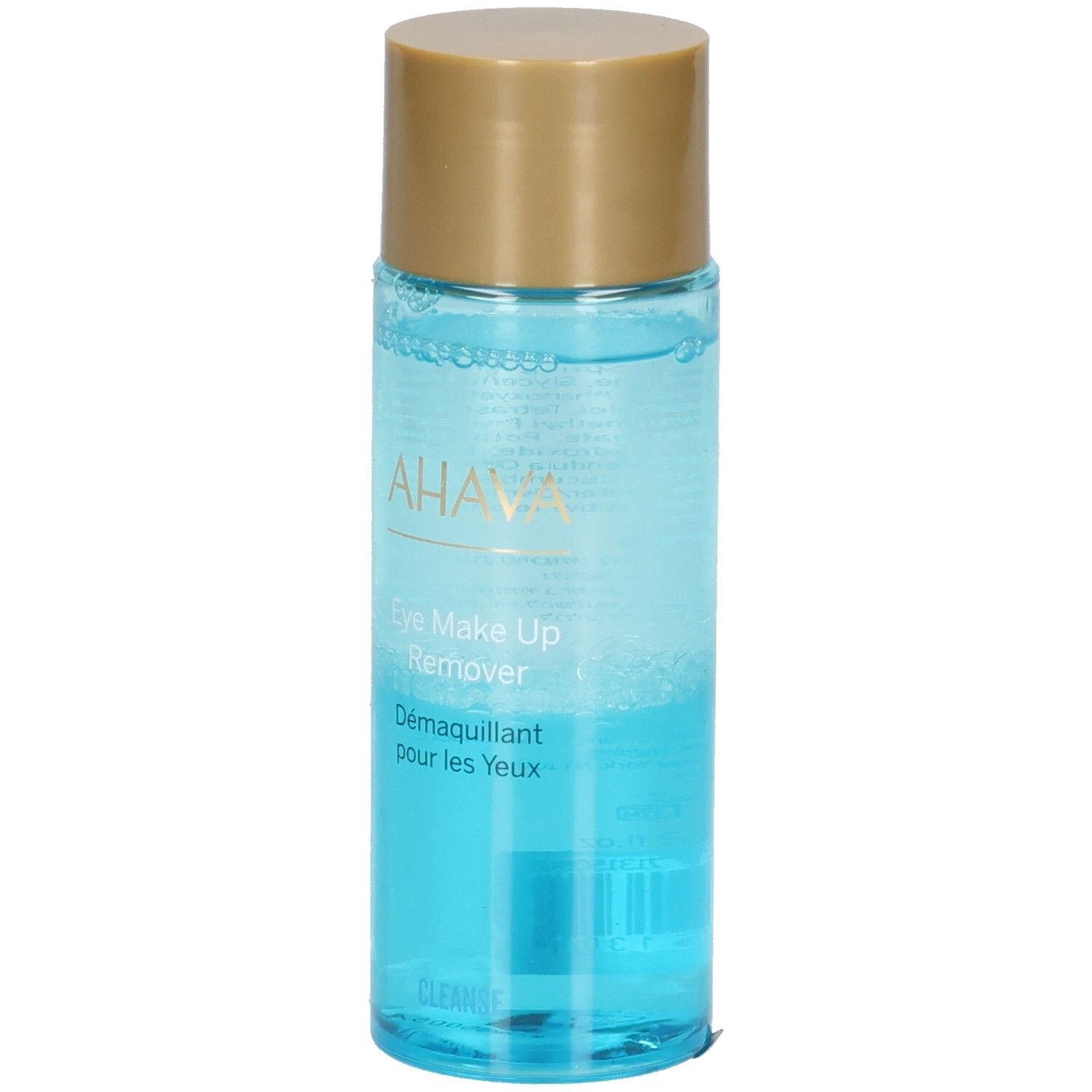 Ahava Eye Make-Up Remover. Transparante fles met blauwe vloeistof en gouden dop. Productlabels zichtbaar.