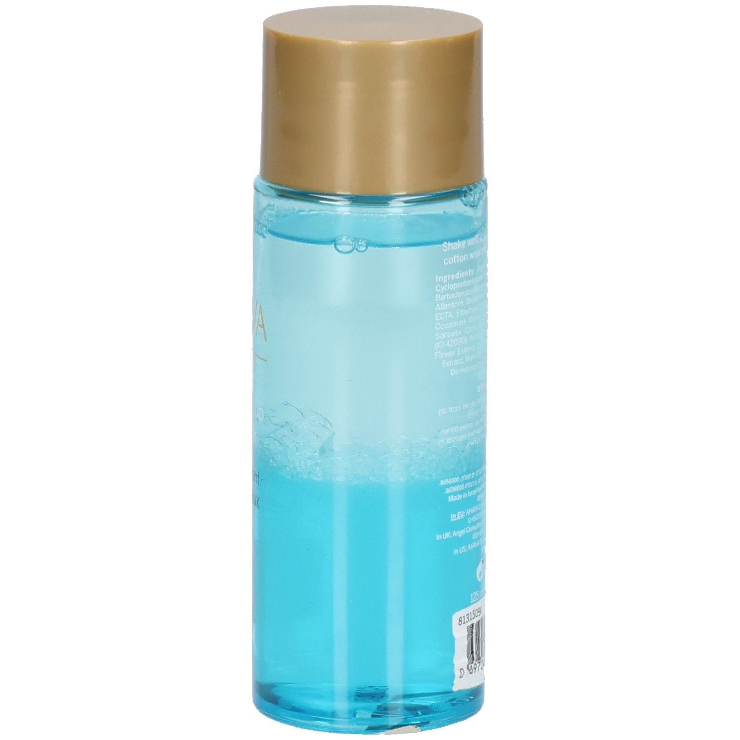 Ahava Eye Make-Up Remover. Achterkant fles met productinformatie. Transparante fles met blauwe vloeistof.